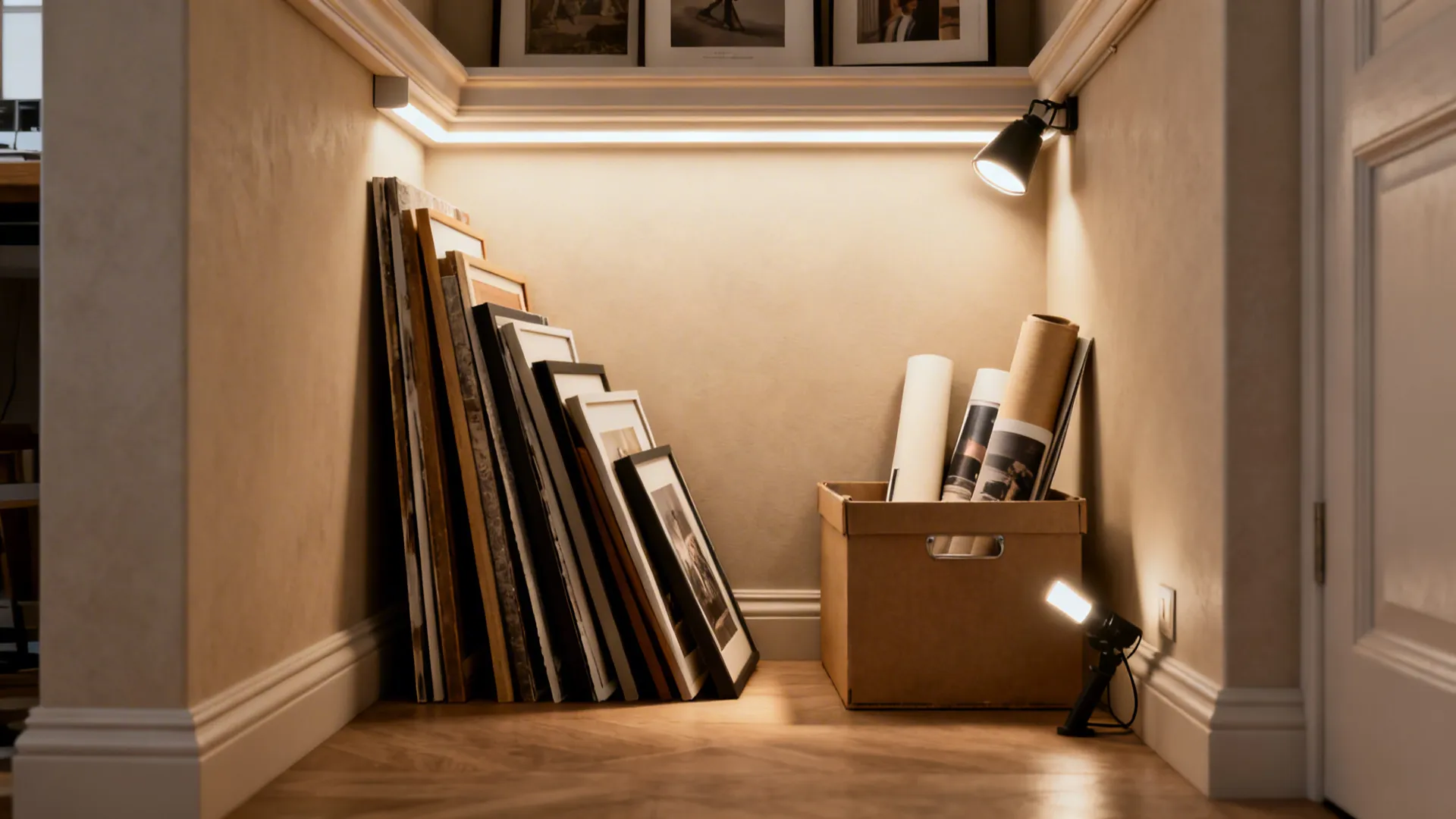 Small rotating art nook with picture rail, stored prints and directional lighting for swaps