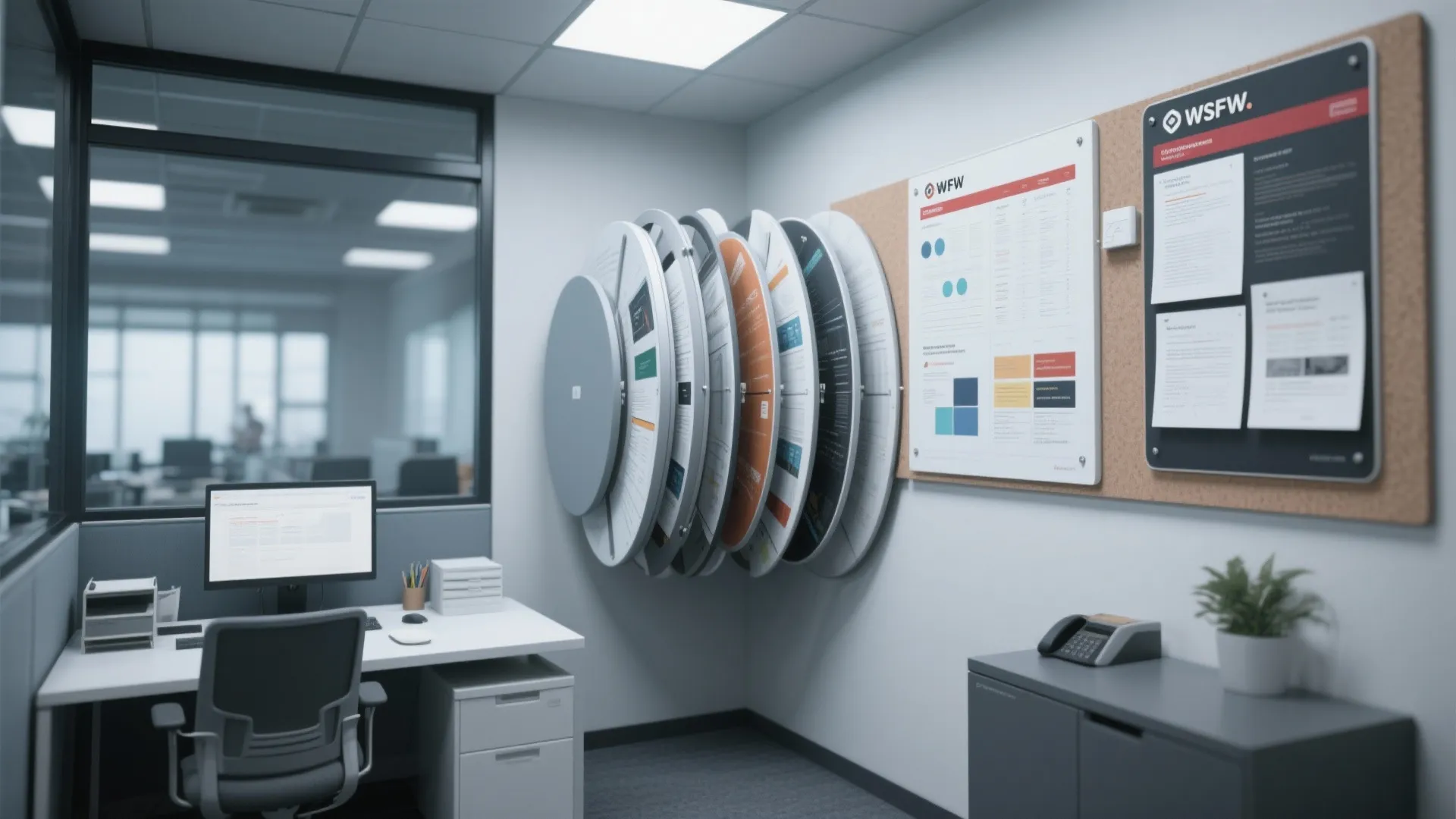Modern office room with rotating white display panels and cork bulletin board next to office desk
