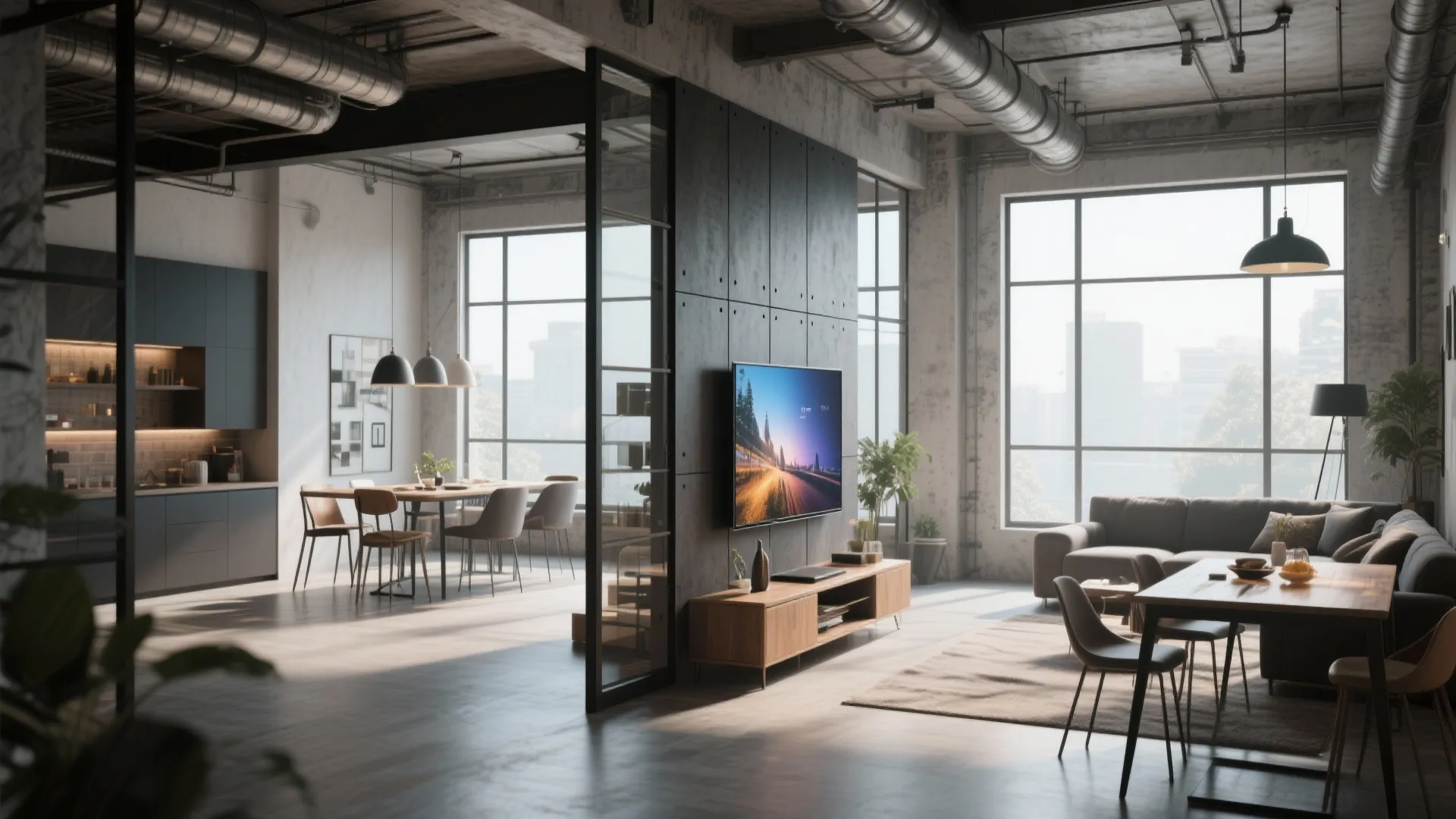 Rotating TV panel in an open-plan loft living room and dining space