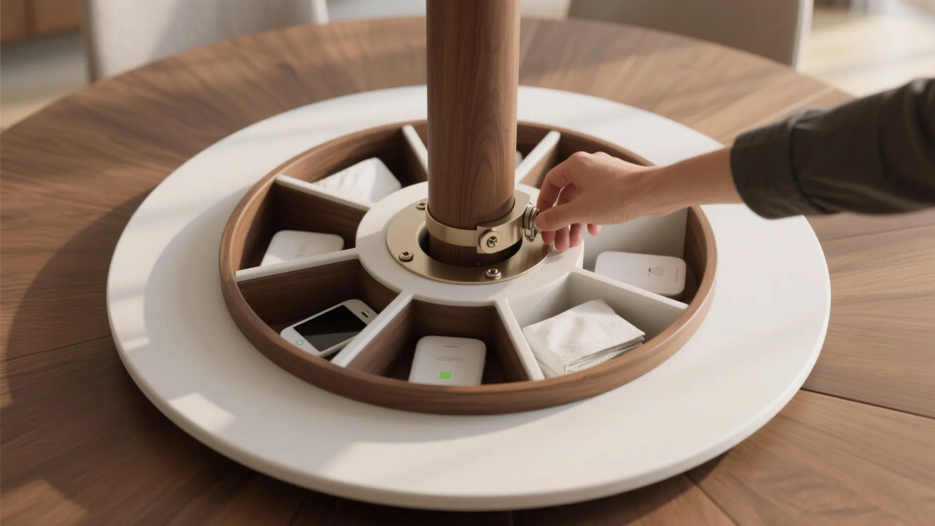 Hand adjusting rotating wooden tray with napkins and electronics on a large round brown wooden table