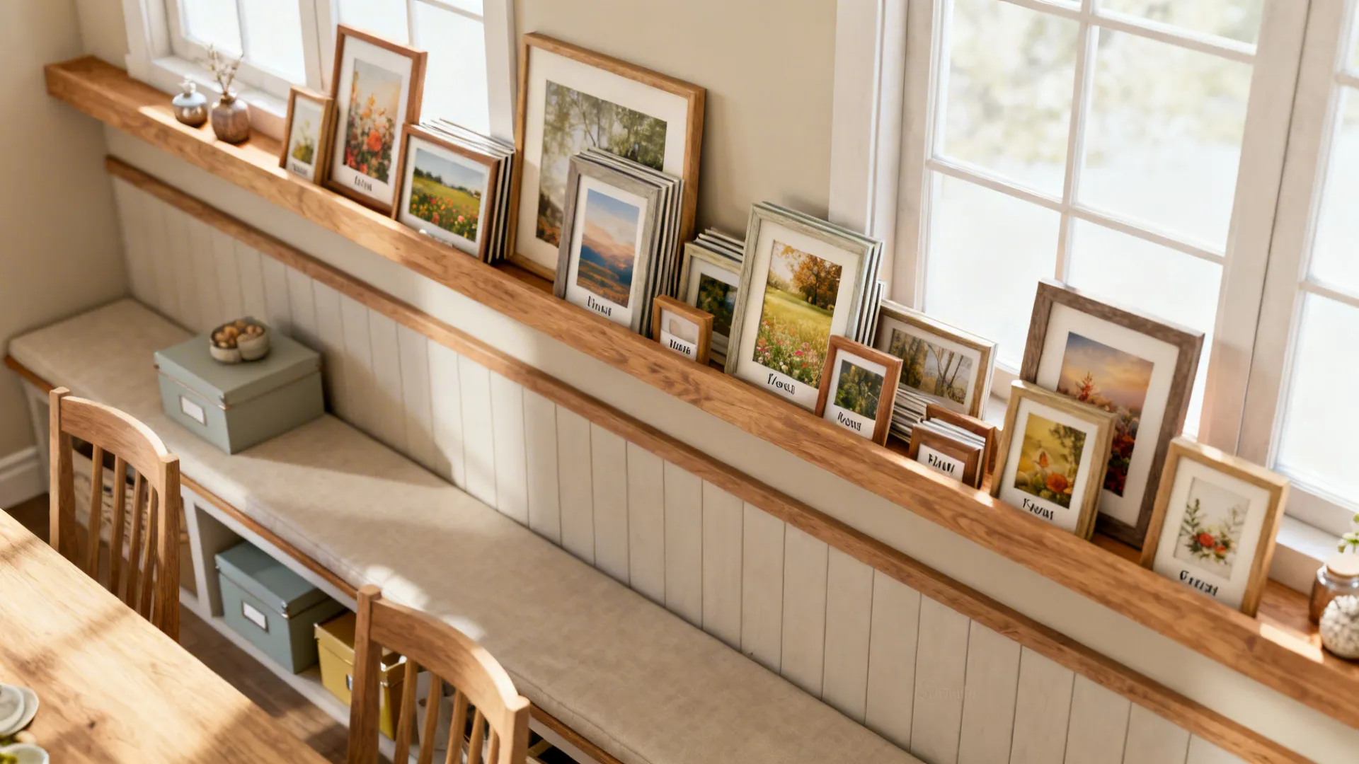 Slim picture ledge with framed prints staged for seasonal rotation above a dining bench.
