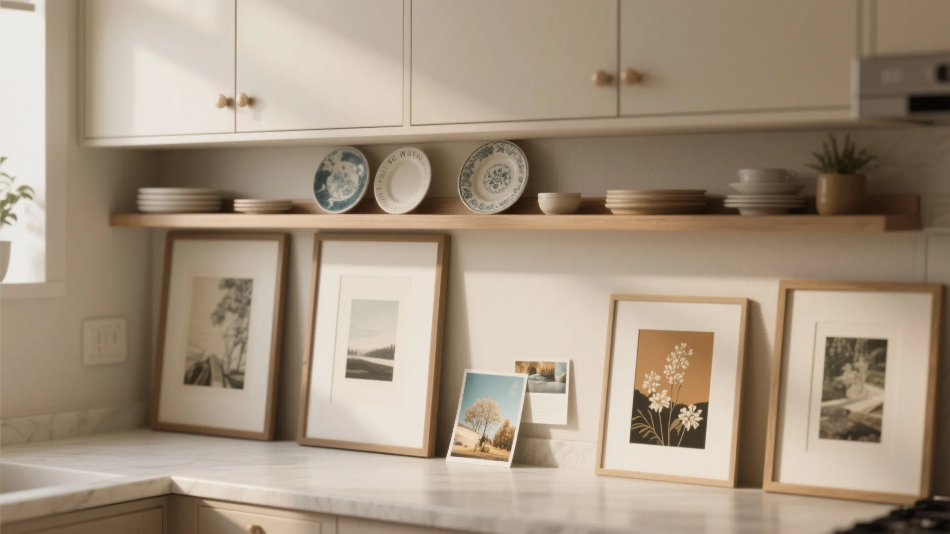 Kitchen counter with marble top featuring various framed pictures and white cabinets with wooden shelf