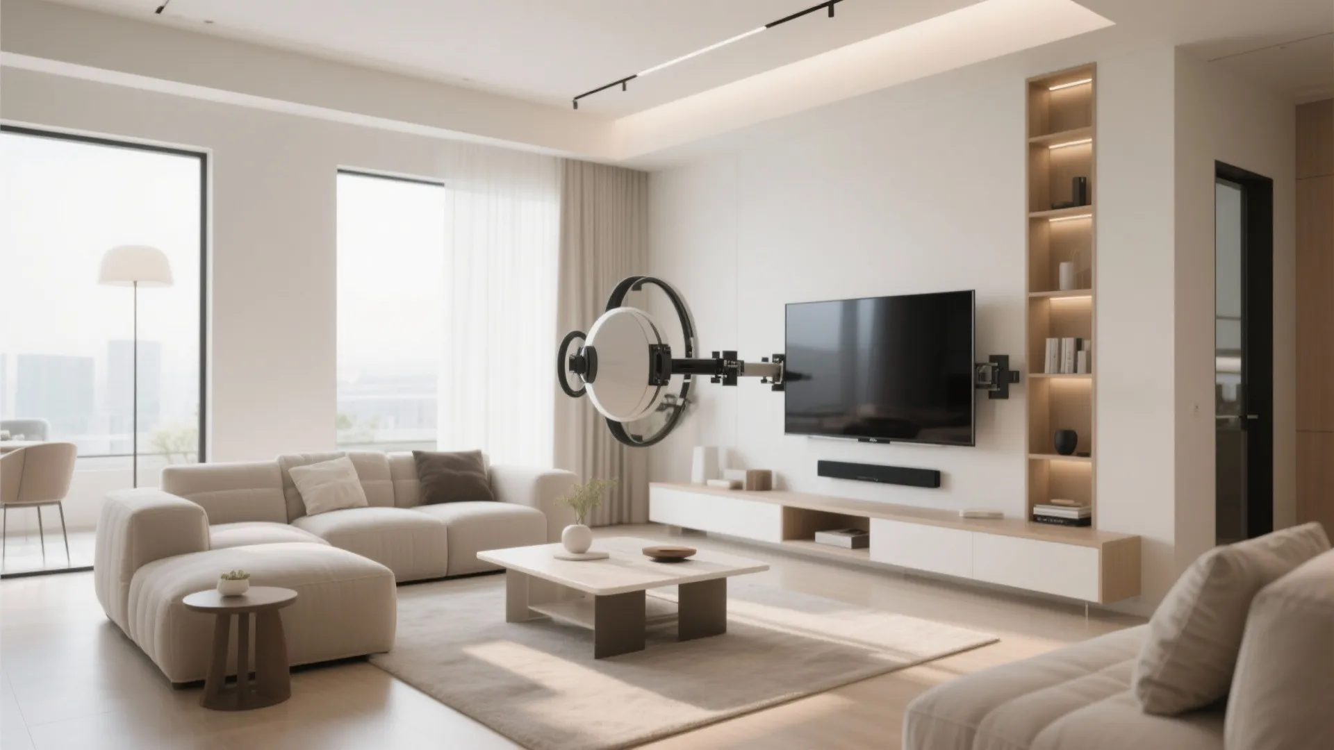 Modern white living room featuring a flat screen television mounted on a rotating swivel arm