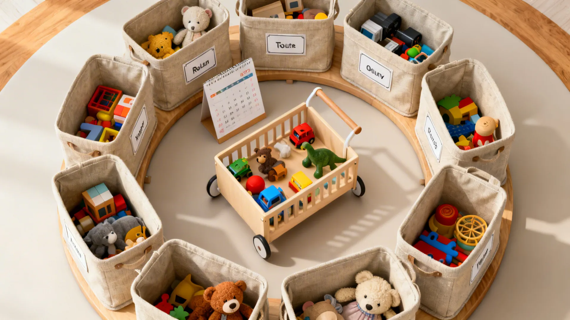 Top-down view of labeled rotating toy bins and a rotation card on a table