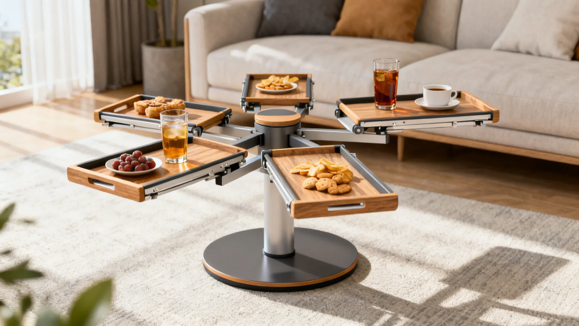 Folding tray tables on a rotating base with trays folded down and serving drinks.
