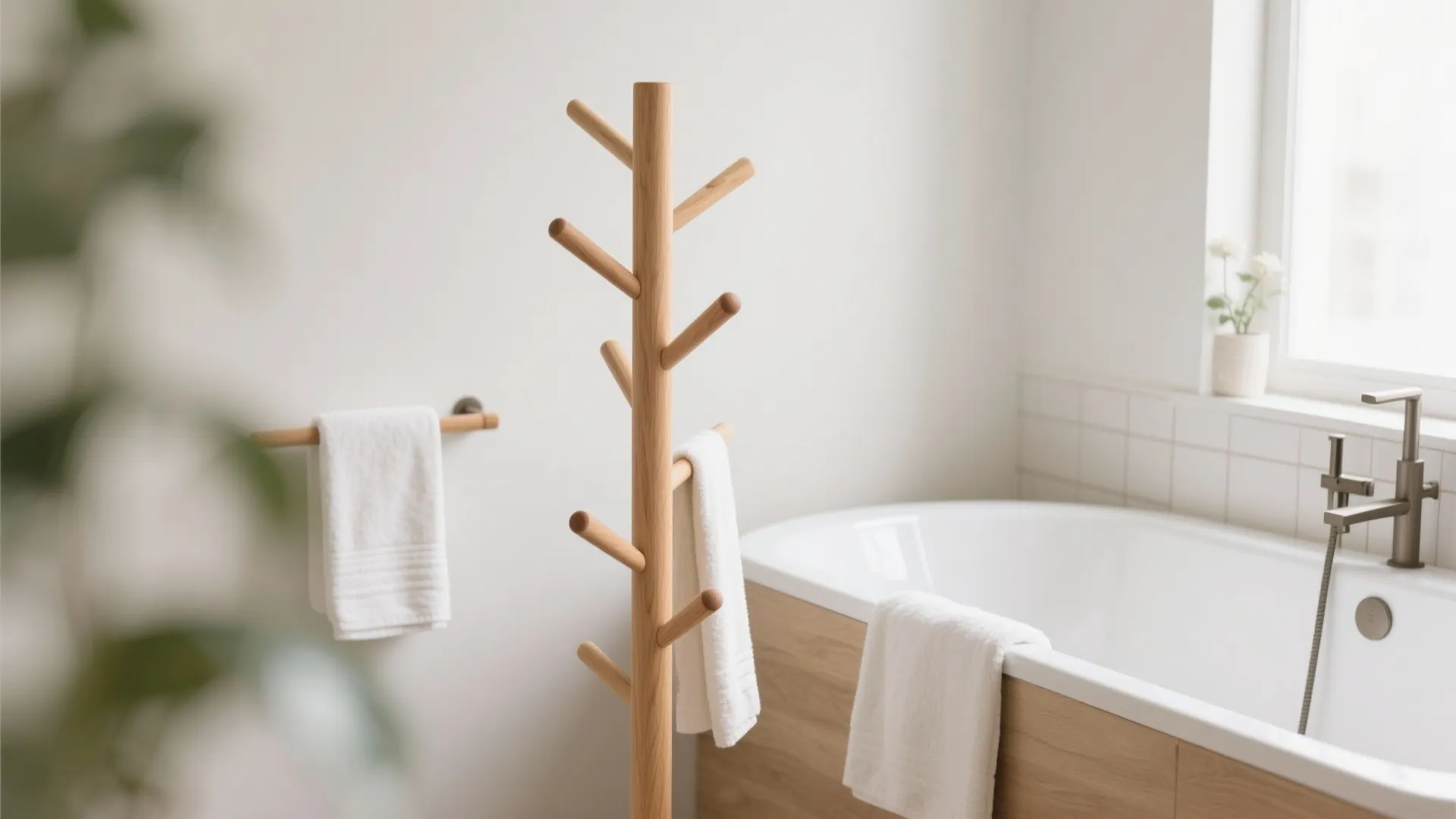 Wooden tree towel stand in a bright bathroom next to bathtub with wood paneling and window