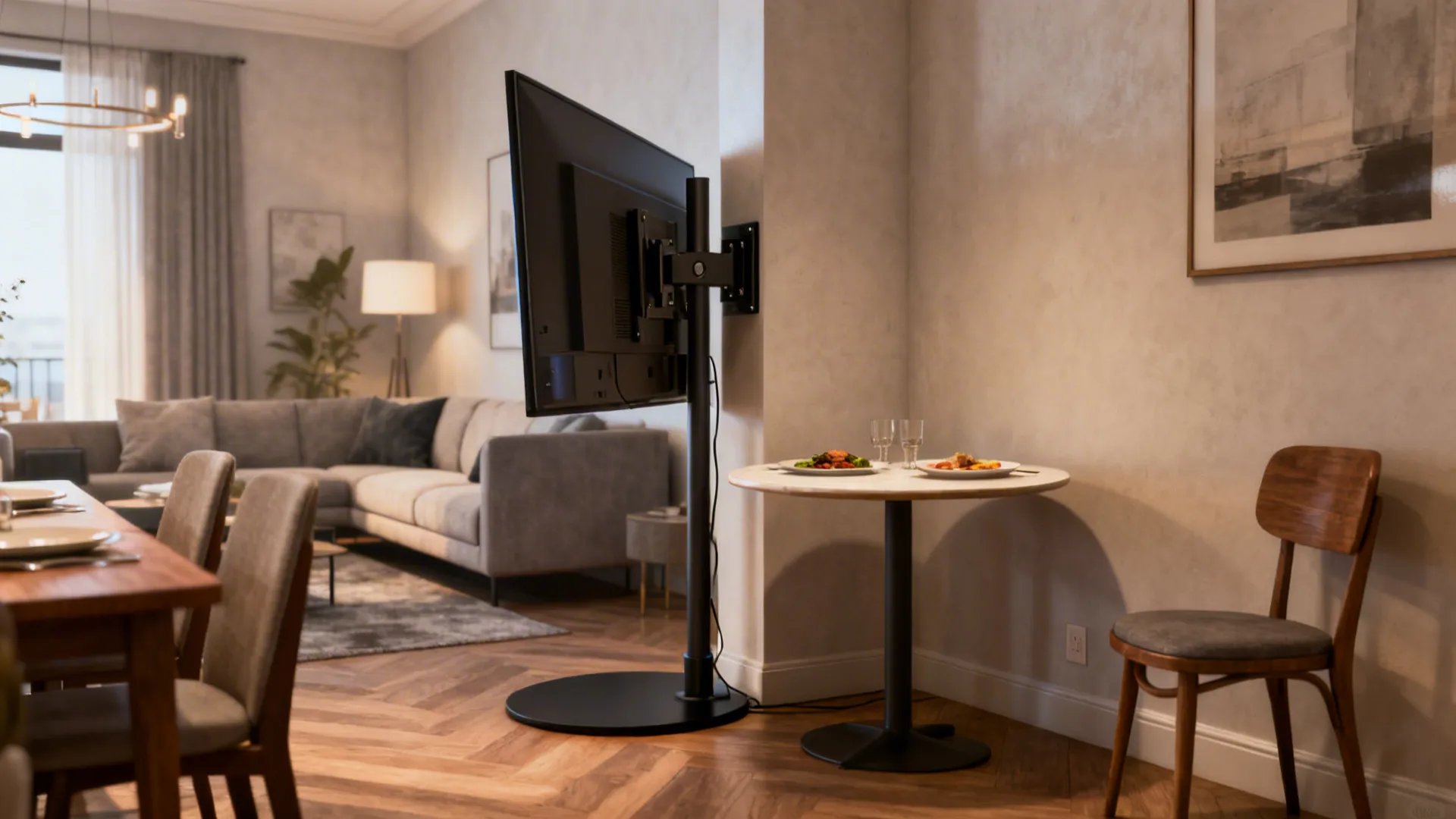 4. TV on a Rotating Mount + Bistro Table