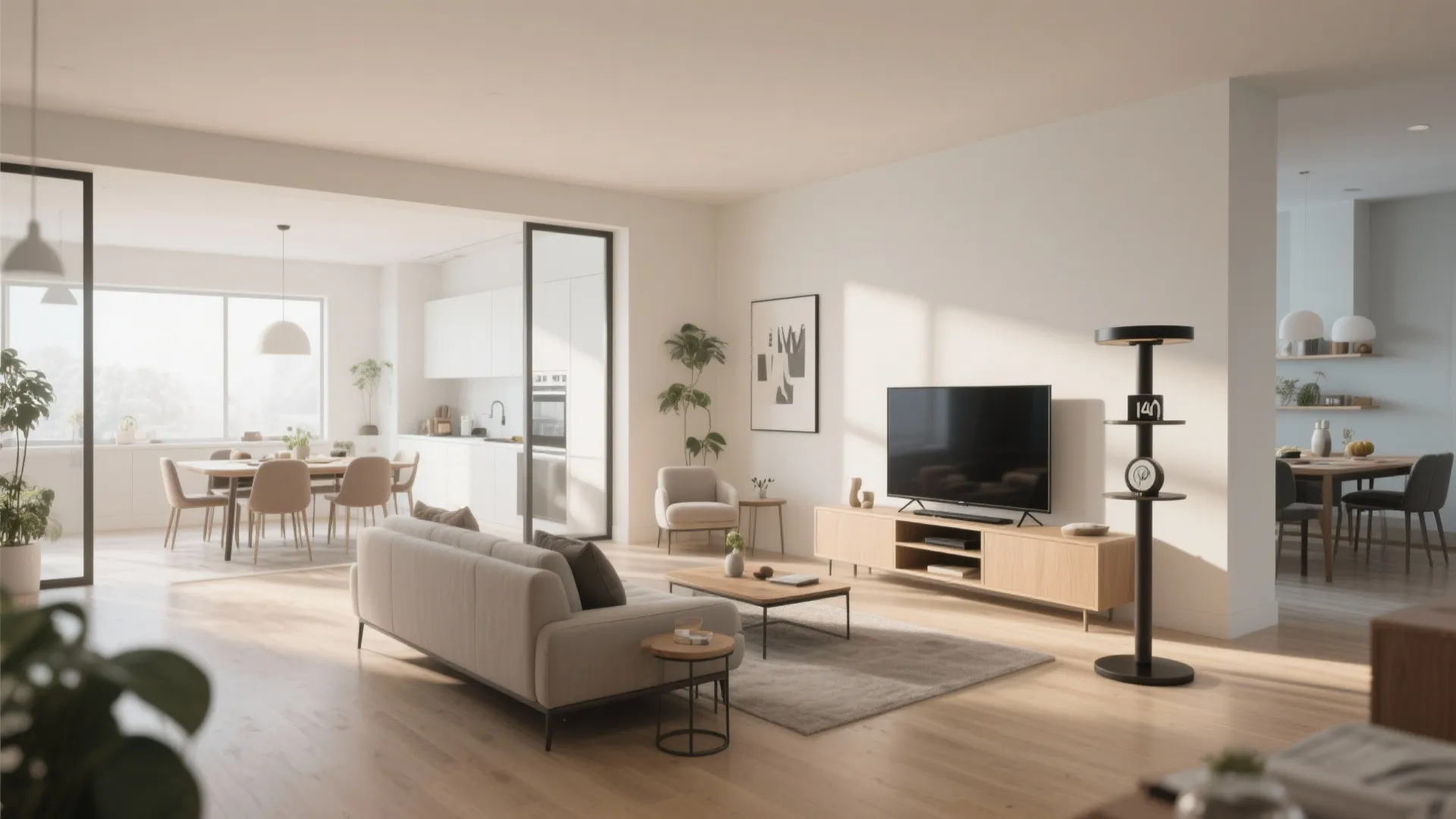 Open plan living area with light wood floor plus television on cabinet and white kitchen