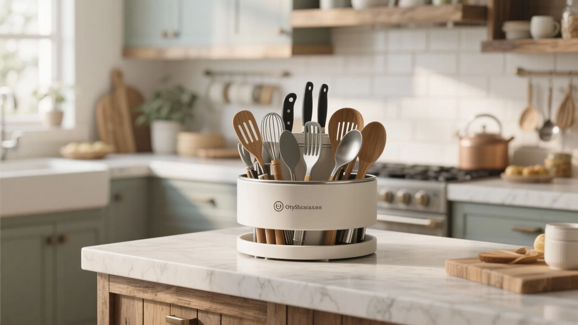 Modern kitchen counter with a white rotating utensil holder filled with spoons knives and whisks