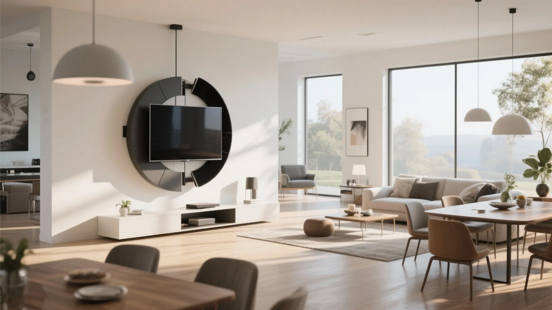Modern bright living room with a unique circular black wall mount for a television screen