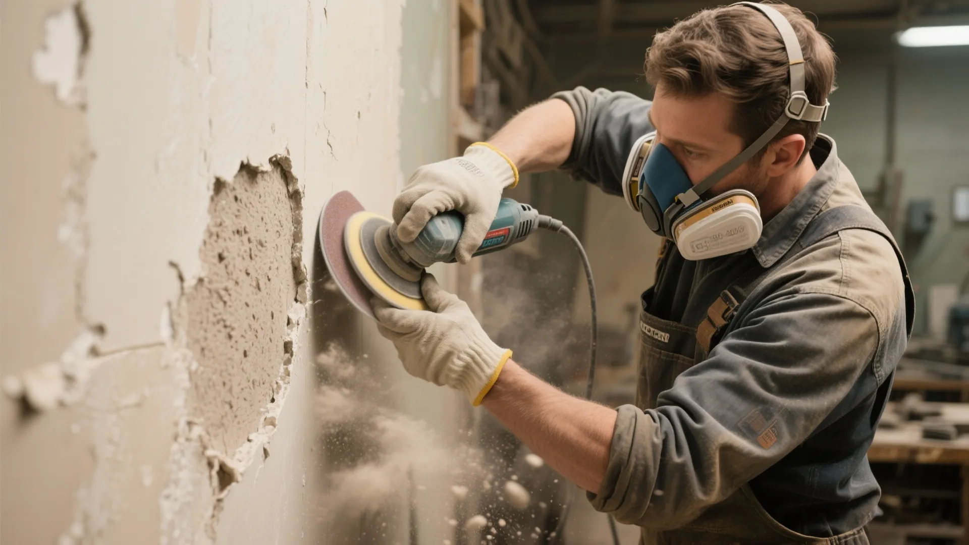 Man wearing a face mask sands a broken wall using an electric power sanding tool