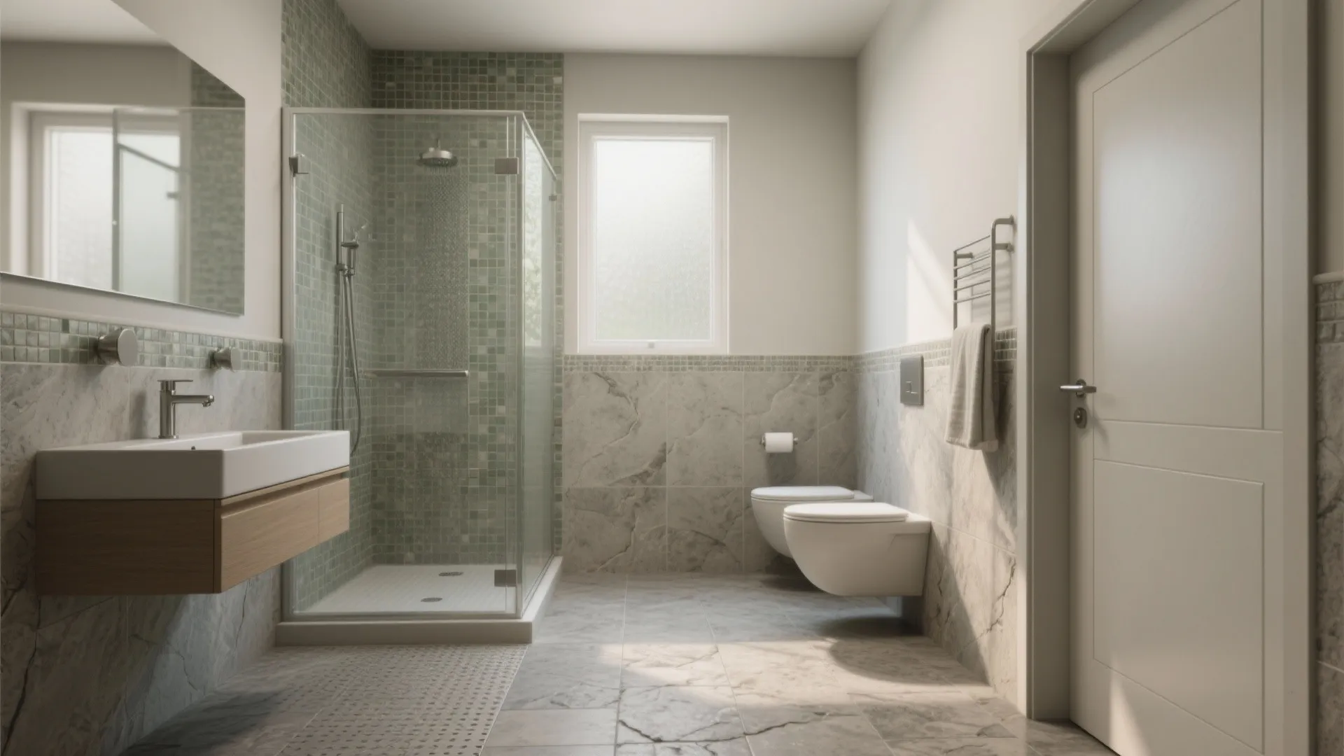 Large modern bathroom featuring green wall tiles, glass shower, grey stone floor, and white toilet