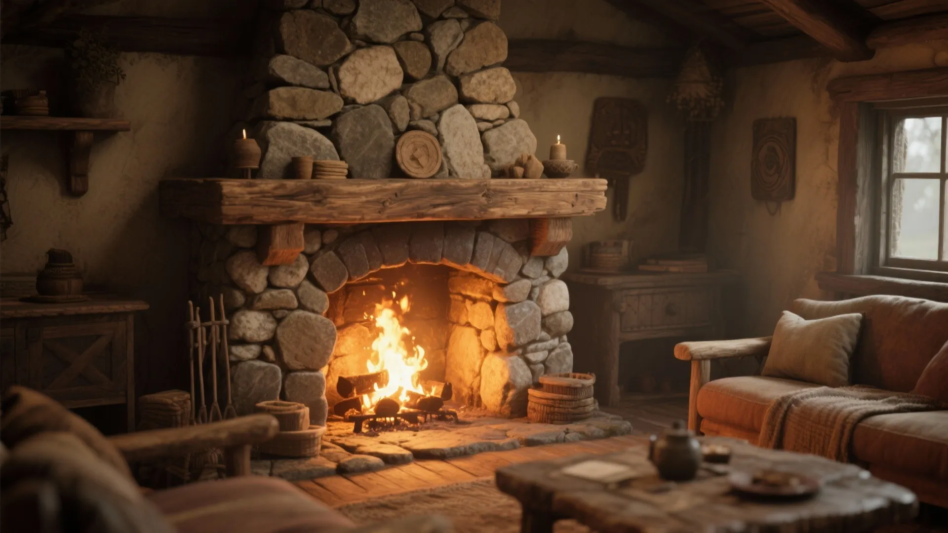 2. Rough Stone Fireplace