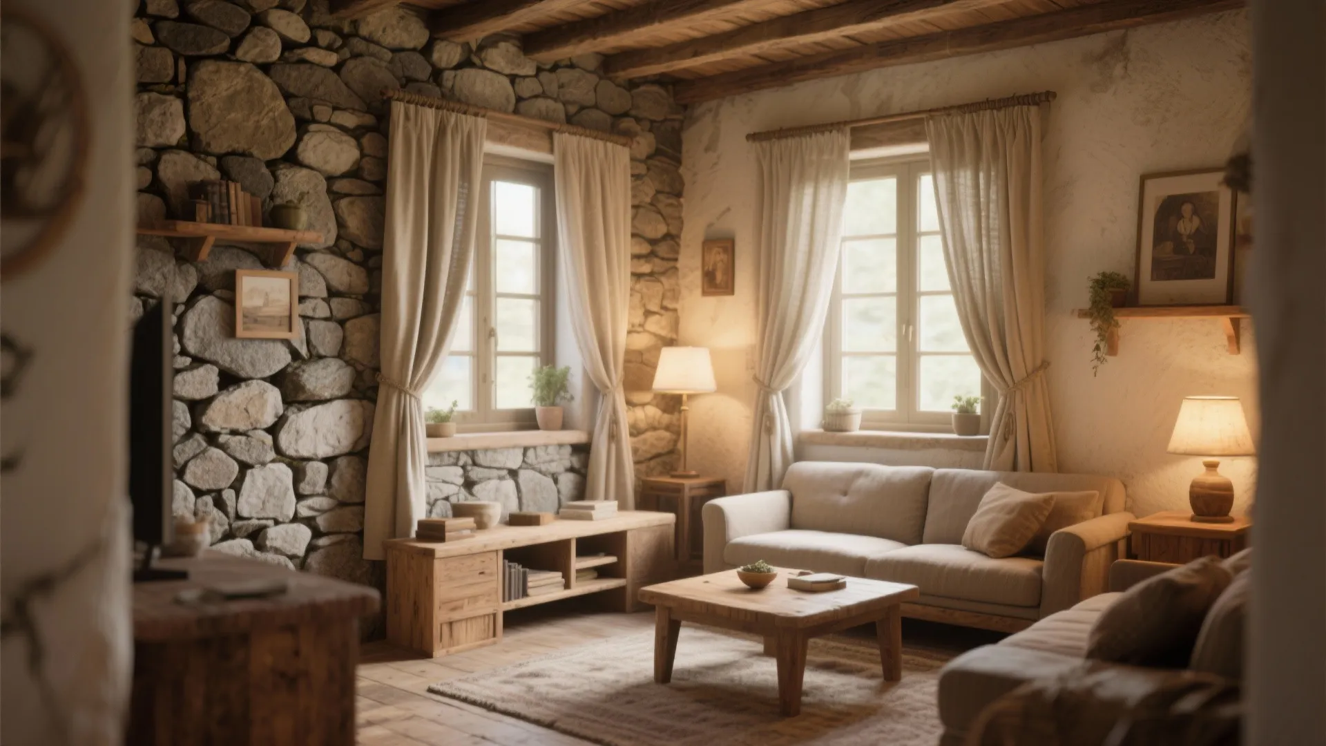Rustic living room featuring rough stone wall wooden furniture white curtains and warm table lights