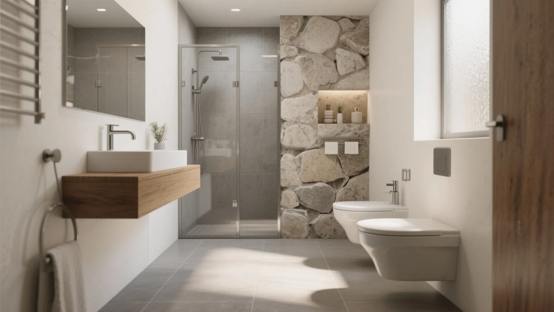 Bright bathroom interior with stone wall accent plus white sink and glass door shower area