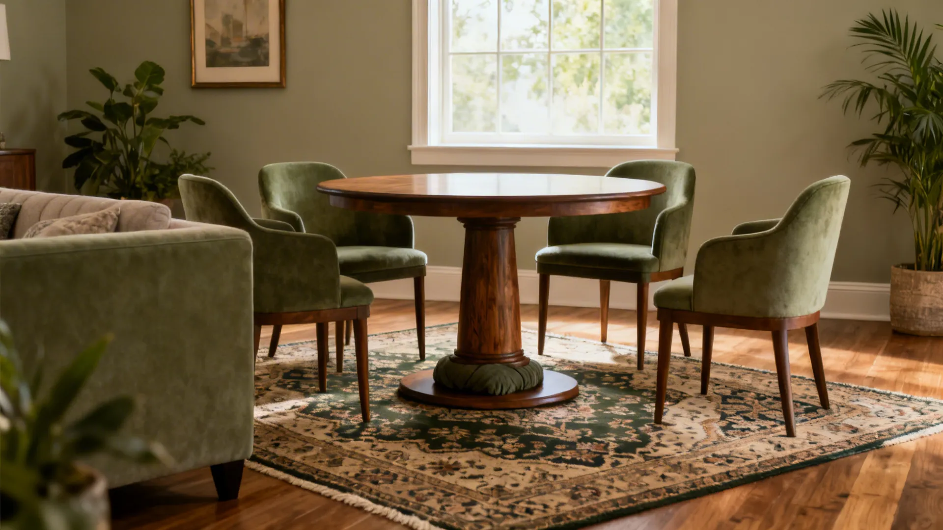 42 inch round pedestal table on a vintage rug in a square room with four chairs.