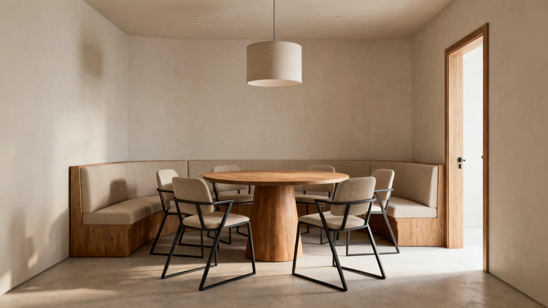 Square dining room with a 54–60 inch round pedestal table, six seats, and a wall banquette.