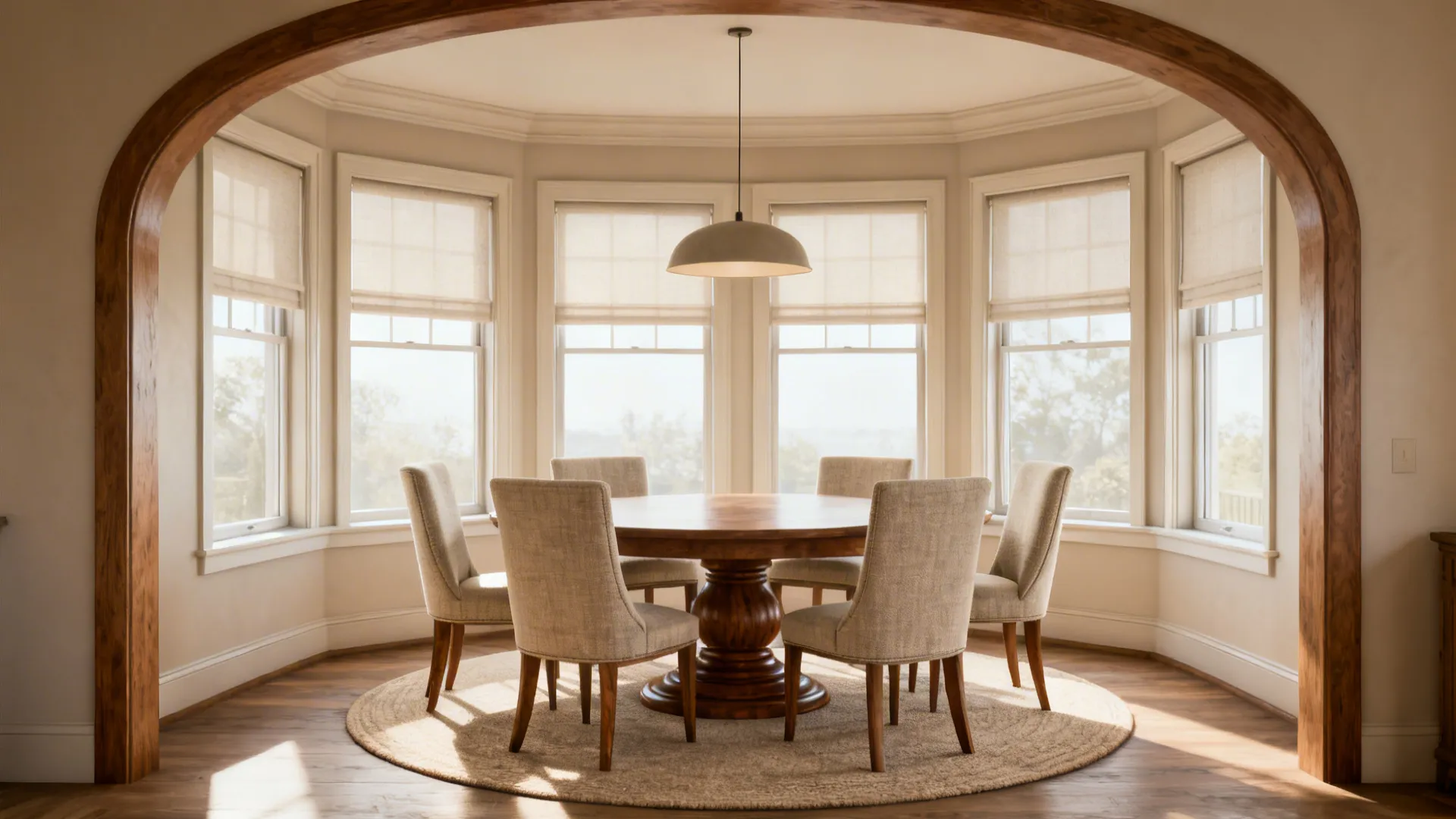 72-inch round pedestal table in a bay window with 36-inch clearance and centered pendant.