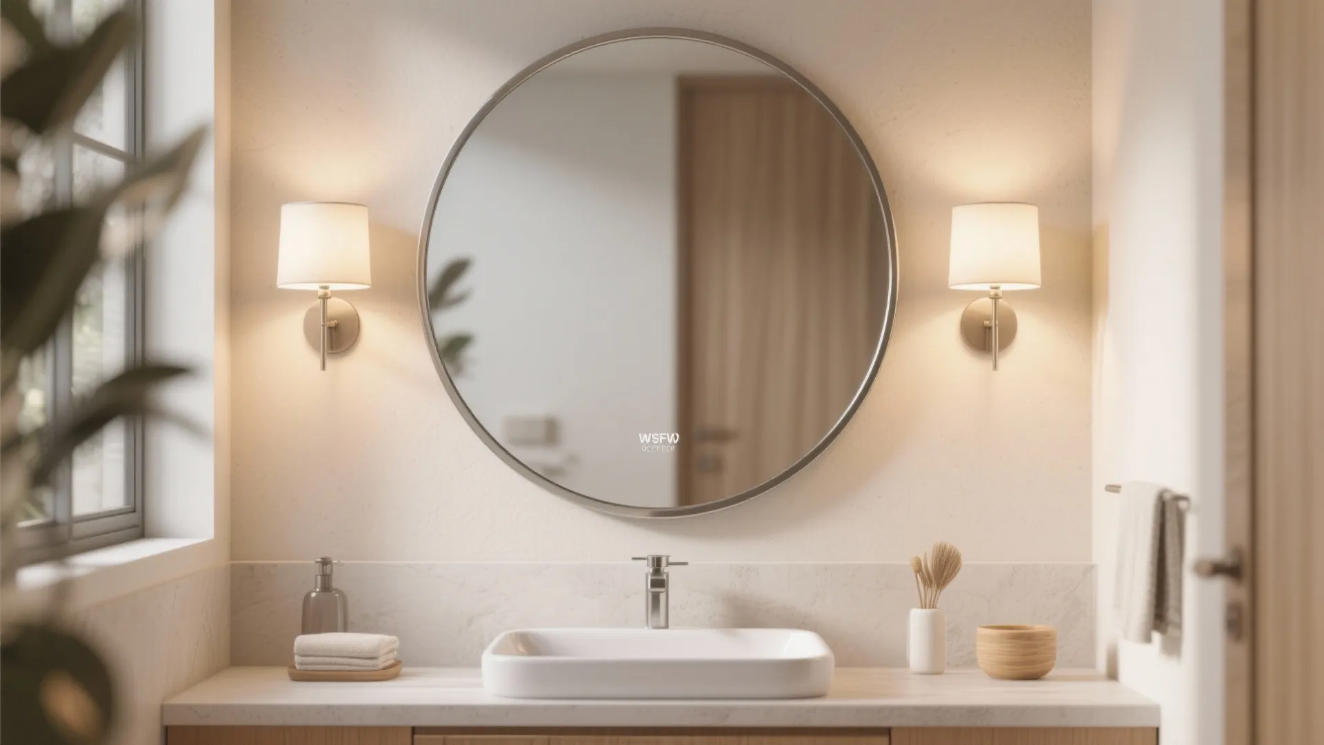 Round bathroom mirror between two wall lights above white sink with soap and wooden accessories decoration