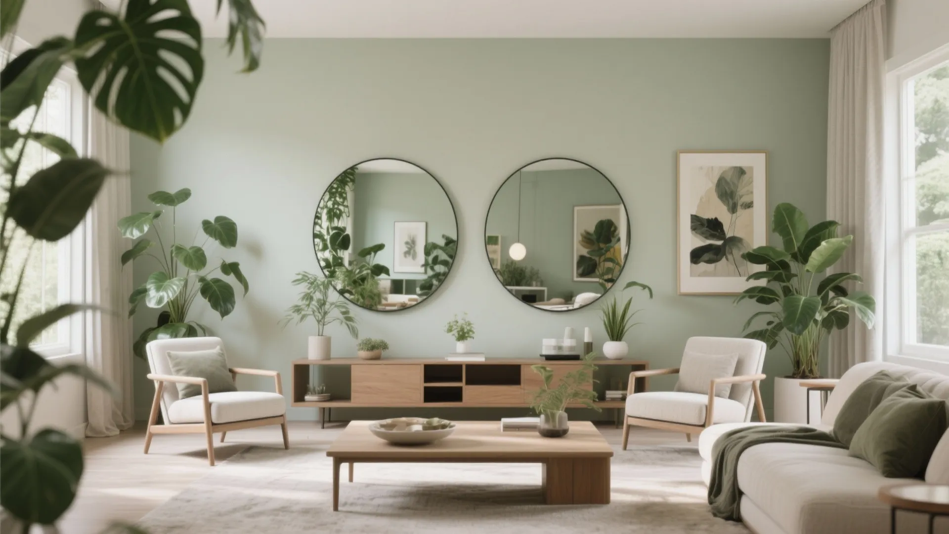 Pair of large round mirrors softening living room lines
