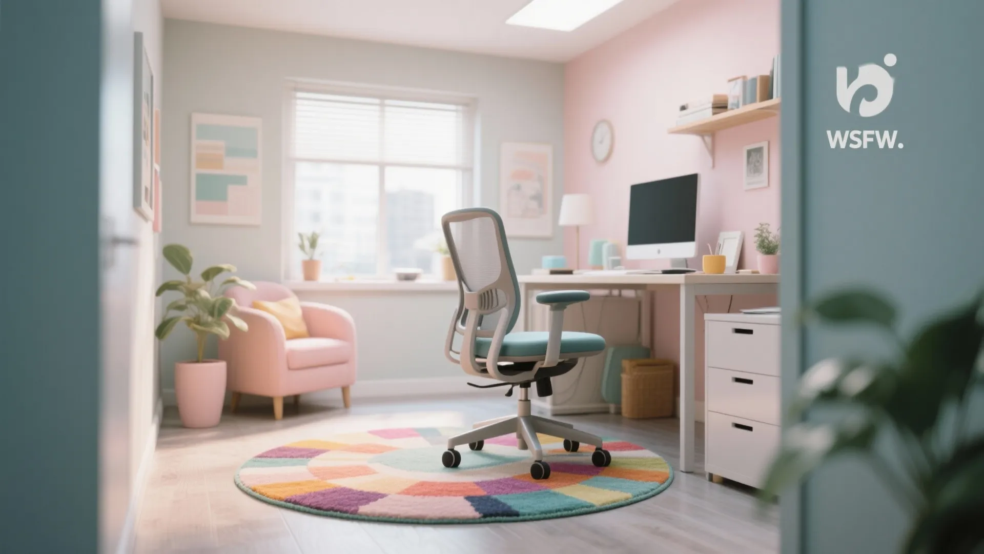 Sunny home office with white desk pink armchair and colorful round rug on wooden floor
