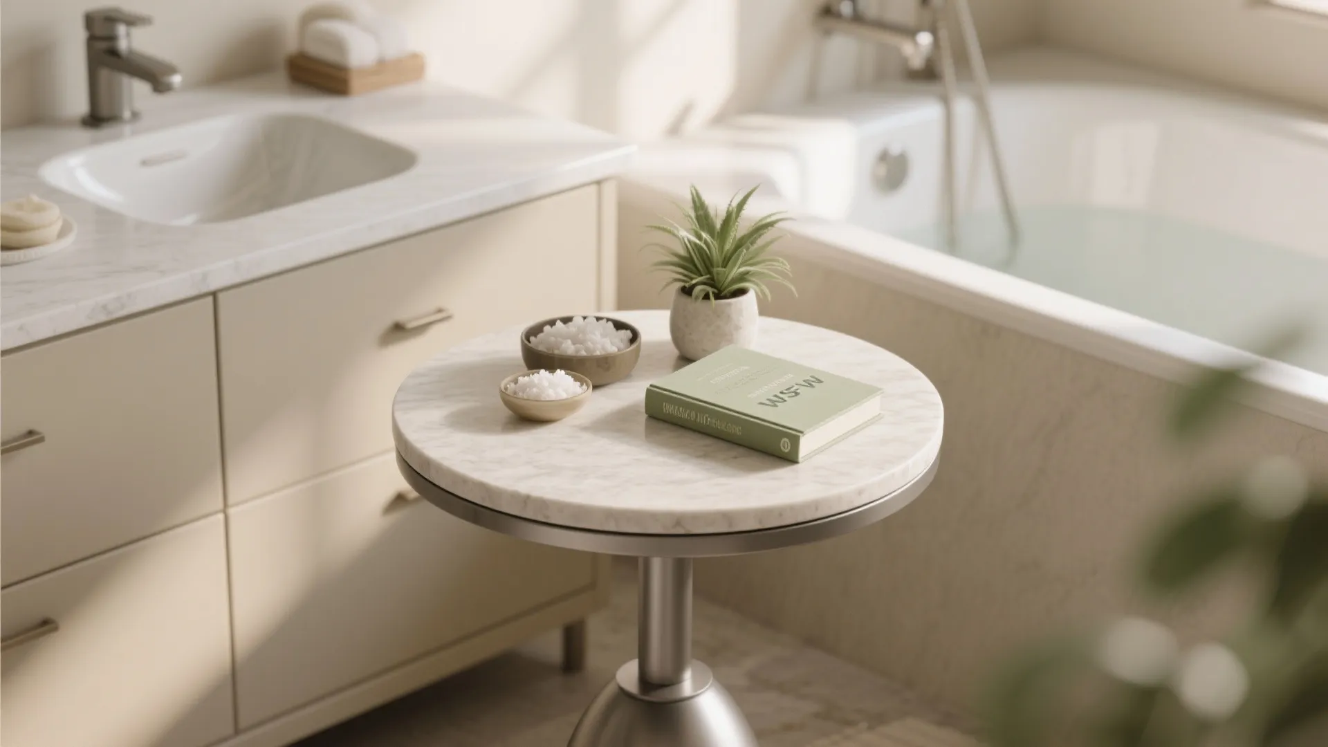 Round accent table between a vanity and tub holding salts, a book, and a plant.