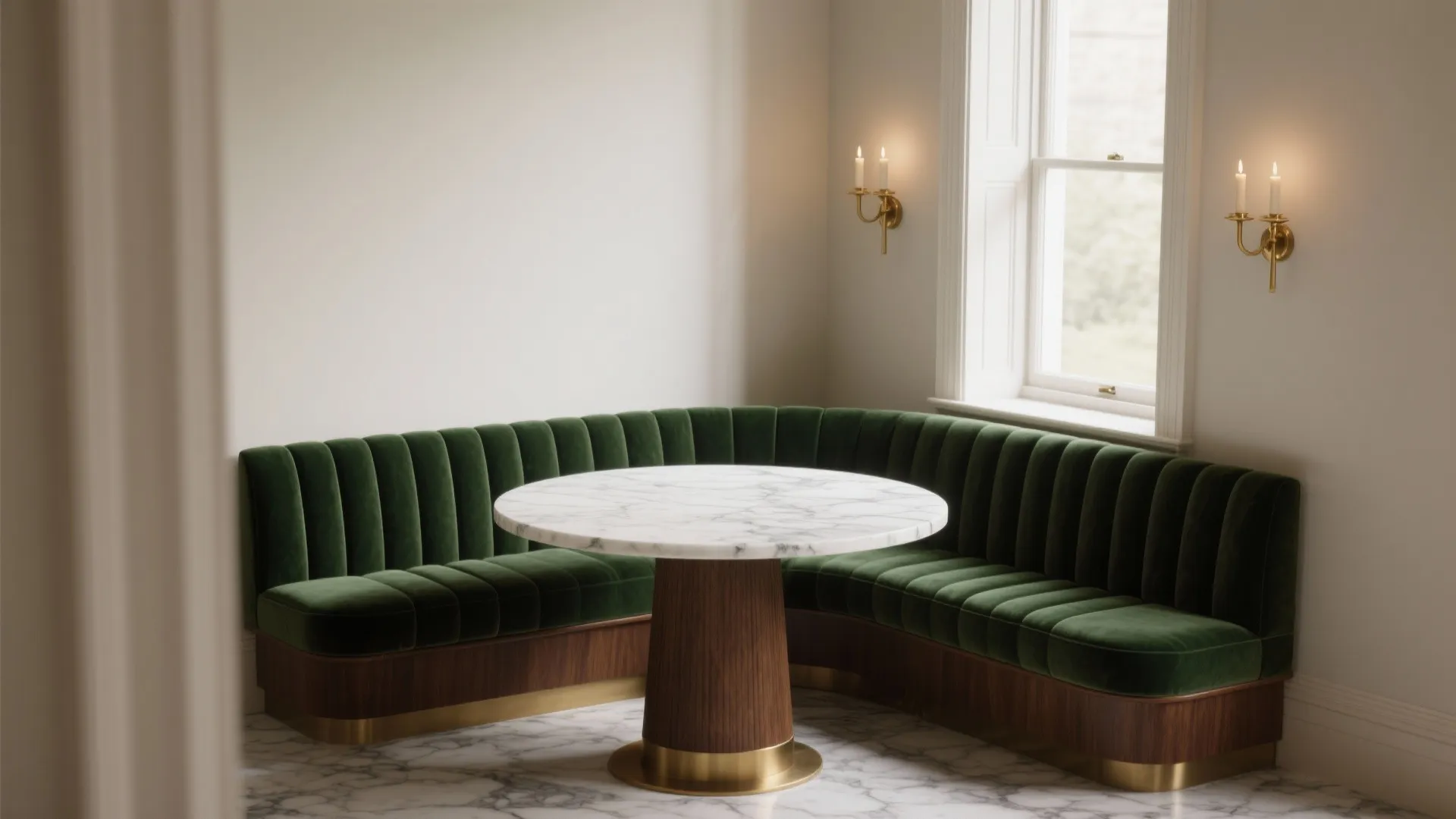 Green corner sofa with round marble table two gold wall lights and white marble floor