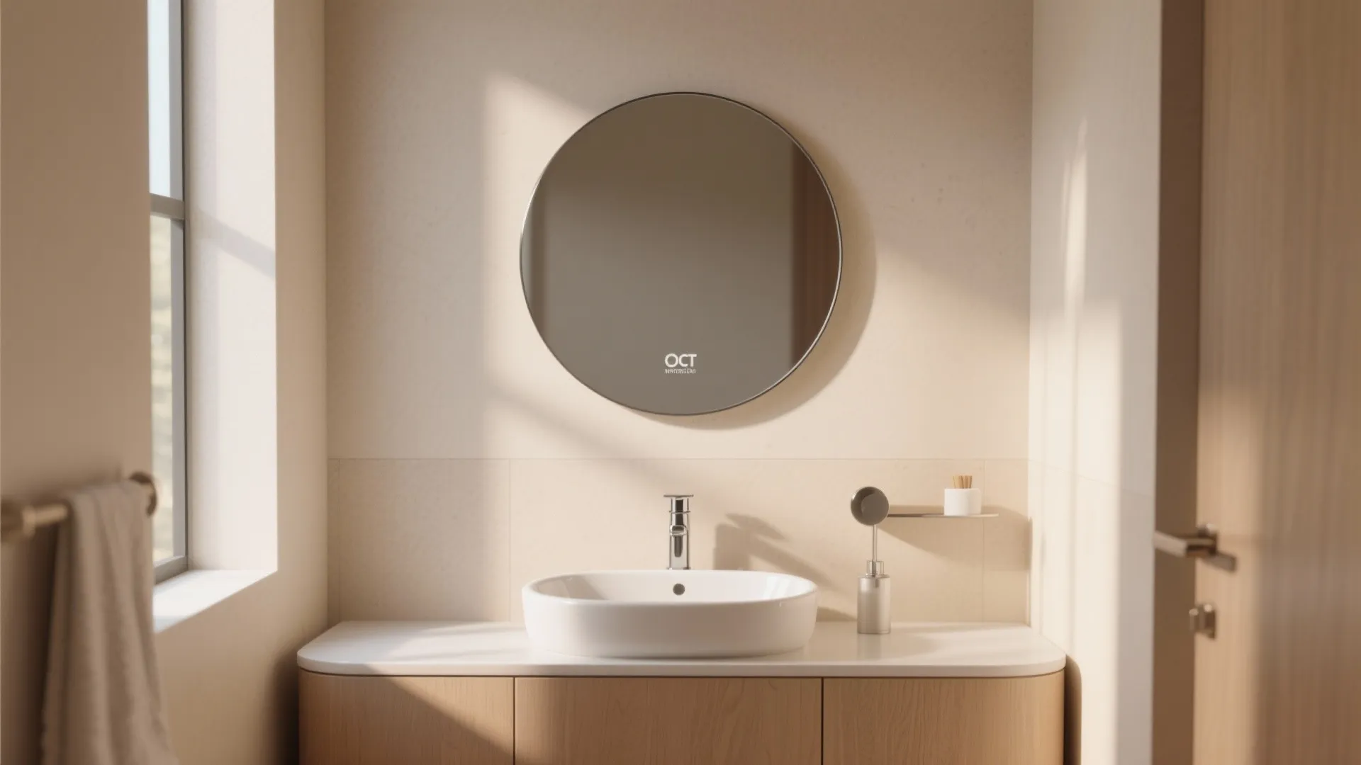 Minimalist bathroom design featuring a round mirror above a white sink and wooden storage cabinet
