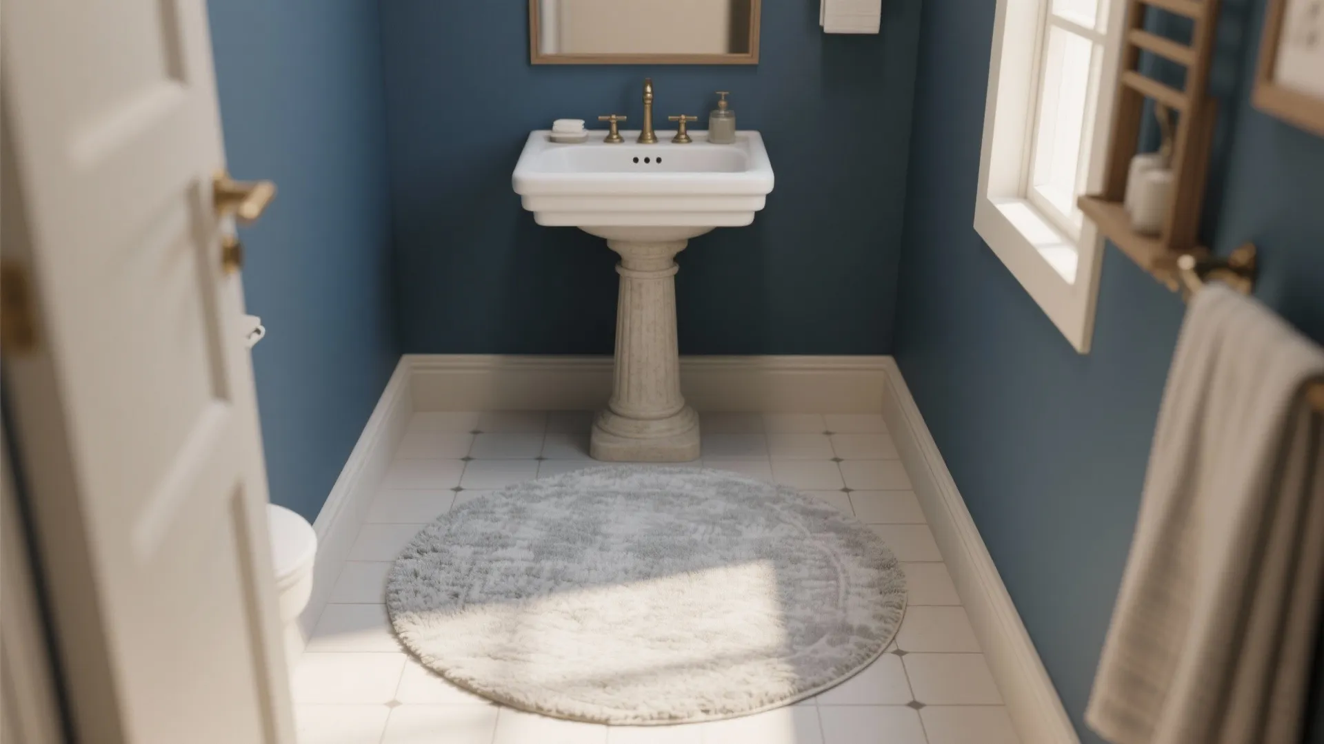 Round grey soft rug on white tiled floor in blue bathroom with white pedestal sink