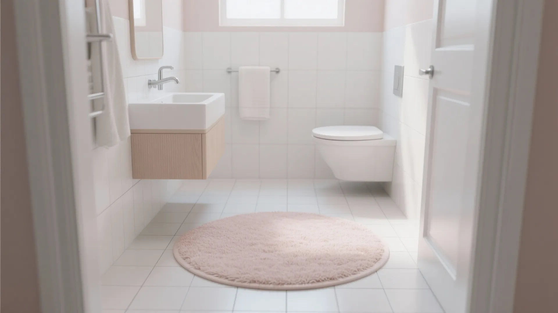 Minimalist white bathroom with round pink rug, wooden cabinet, wall hung toilet and natural sunlight