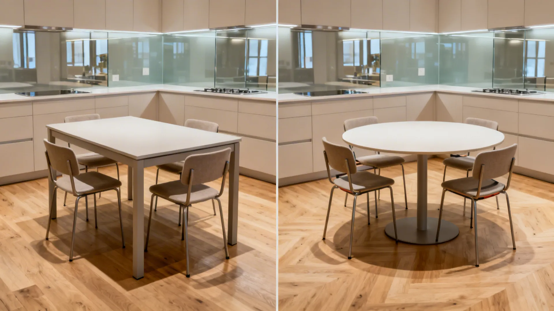 Before-and-after comparison showing a switch from a rectangle to a round center table for better circulation.