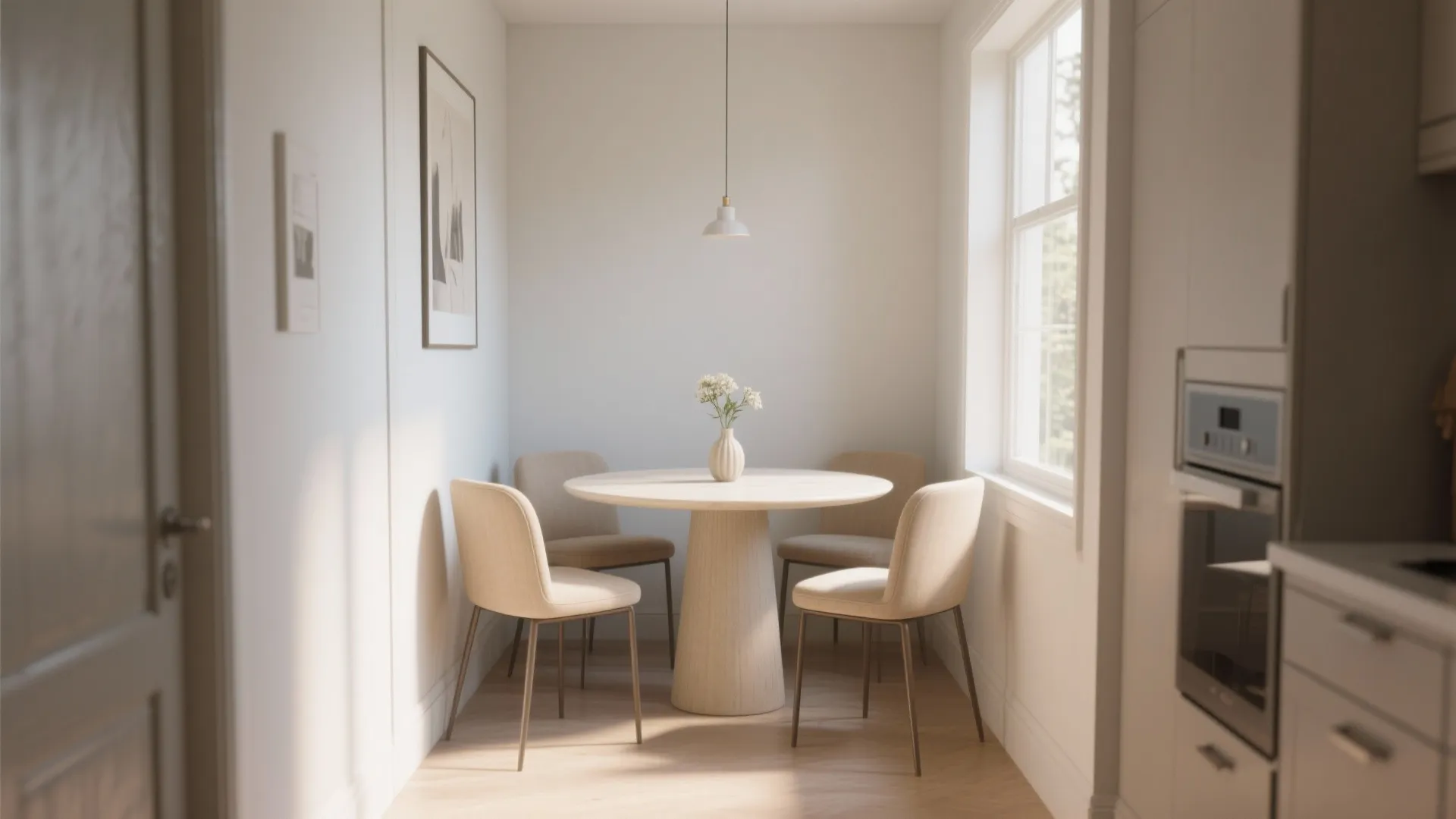 4. Small round beige table to maximize flow