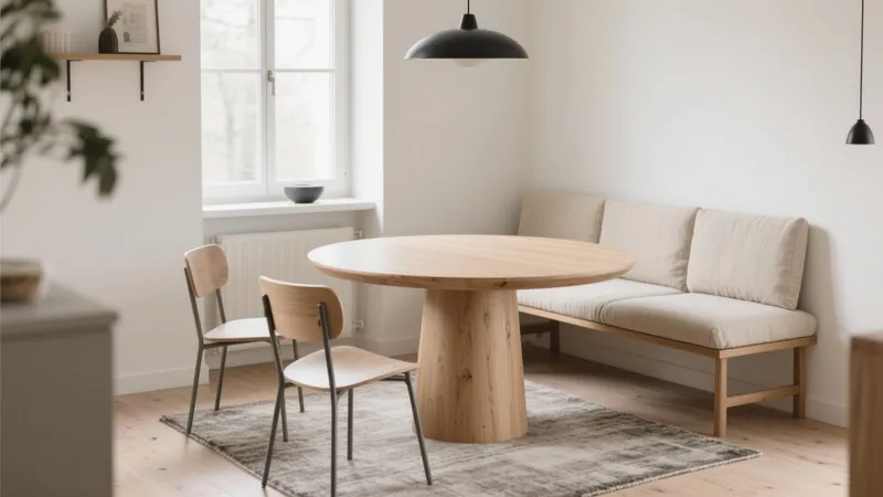 Scandinavian Dining Area with Round Wood Table