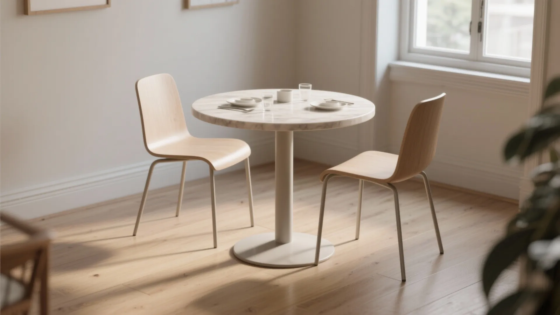 Small round bistro table with slim armless chairs in a bright compact kitchen