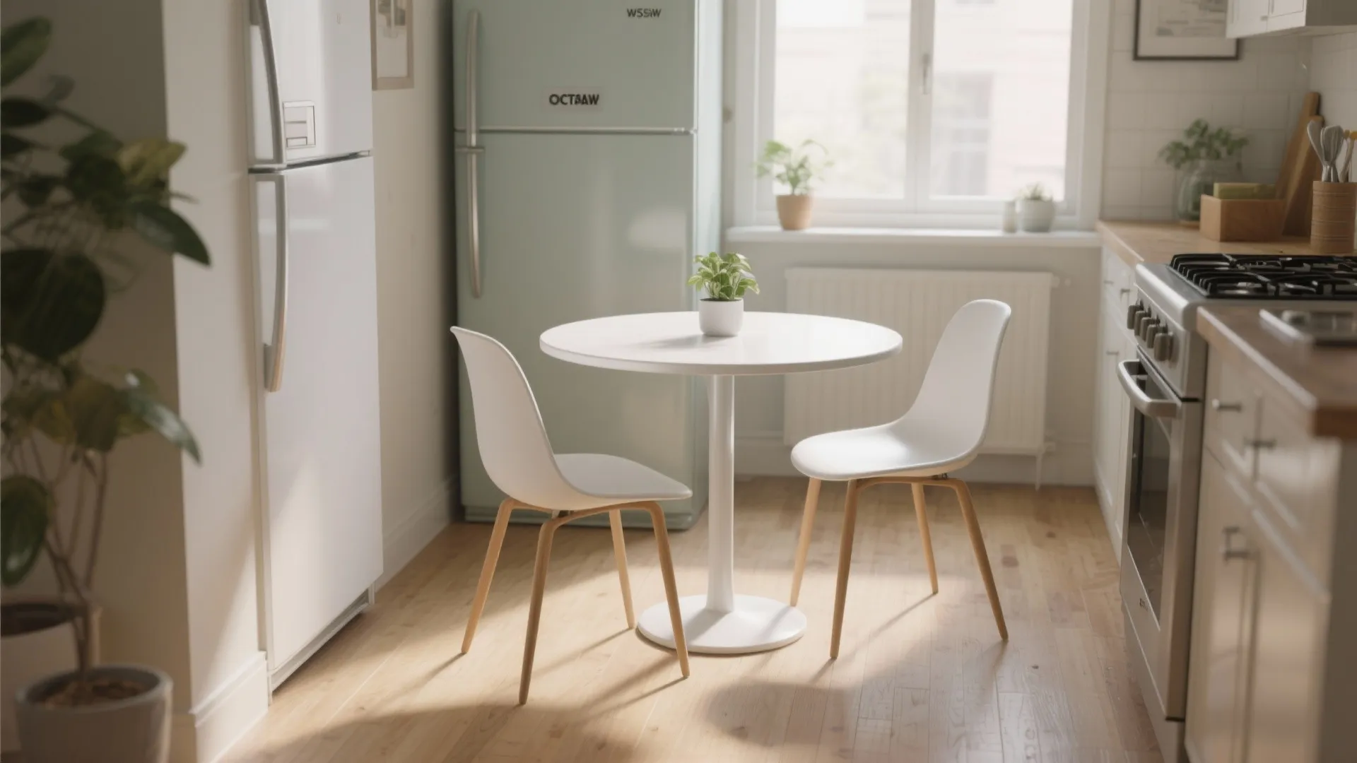 Small white round table with two chairs in a bright kitchen with green fridge and plants