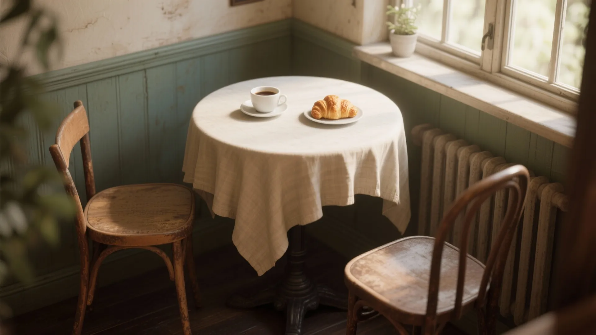 Small round table in dining corner with mismatched chairs