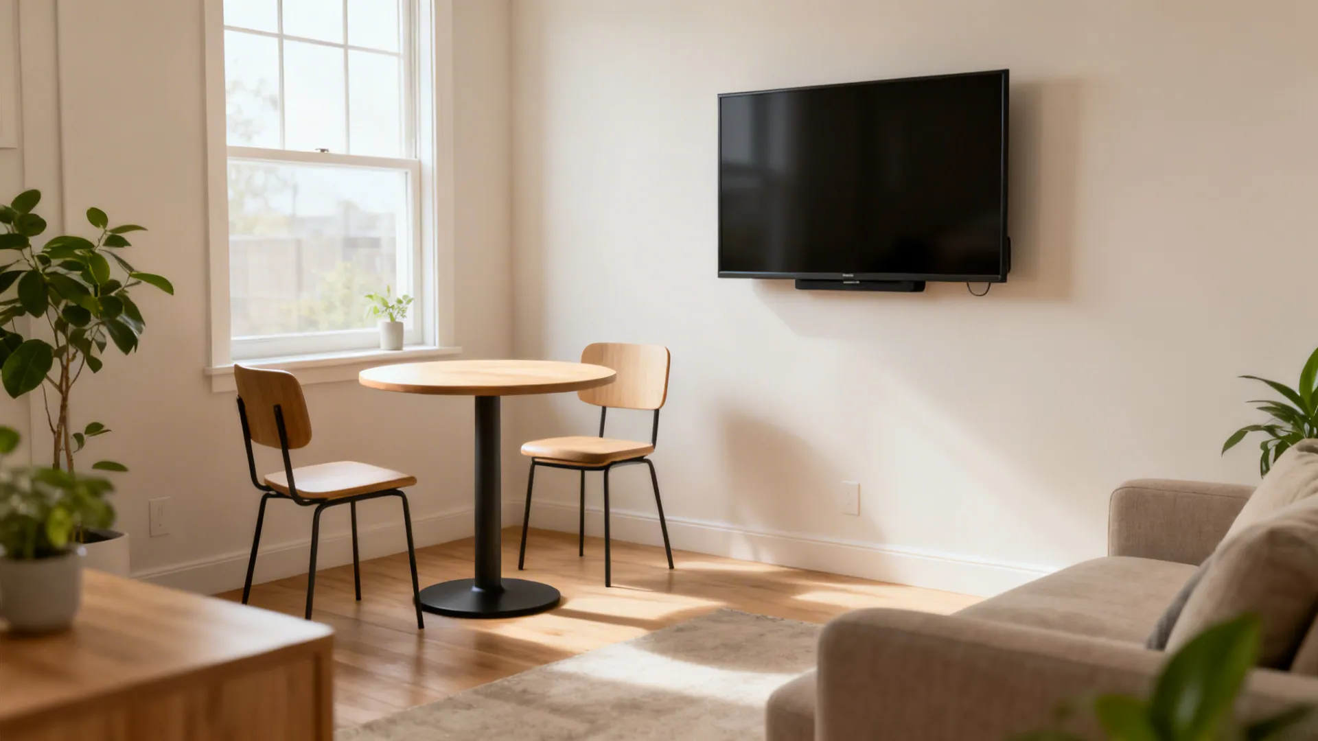 Minimalist living room with round wooden table two chairs wall mounted television and a sofa