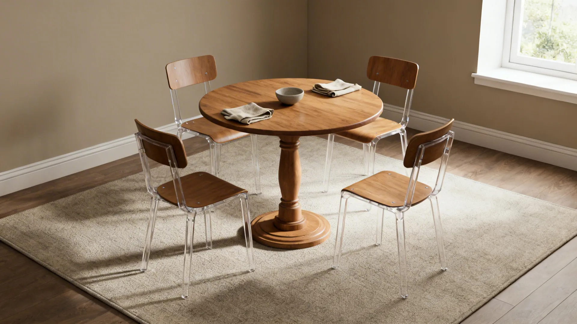 Small round pedestal table with armless stackable chairs allowing easy circulation.