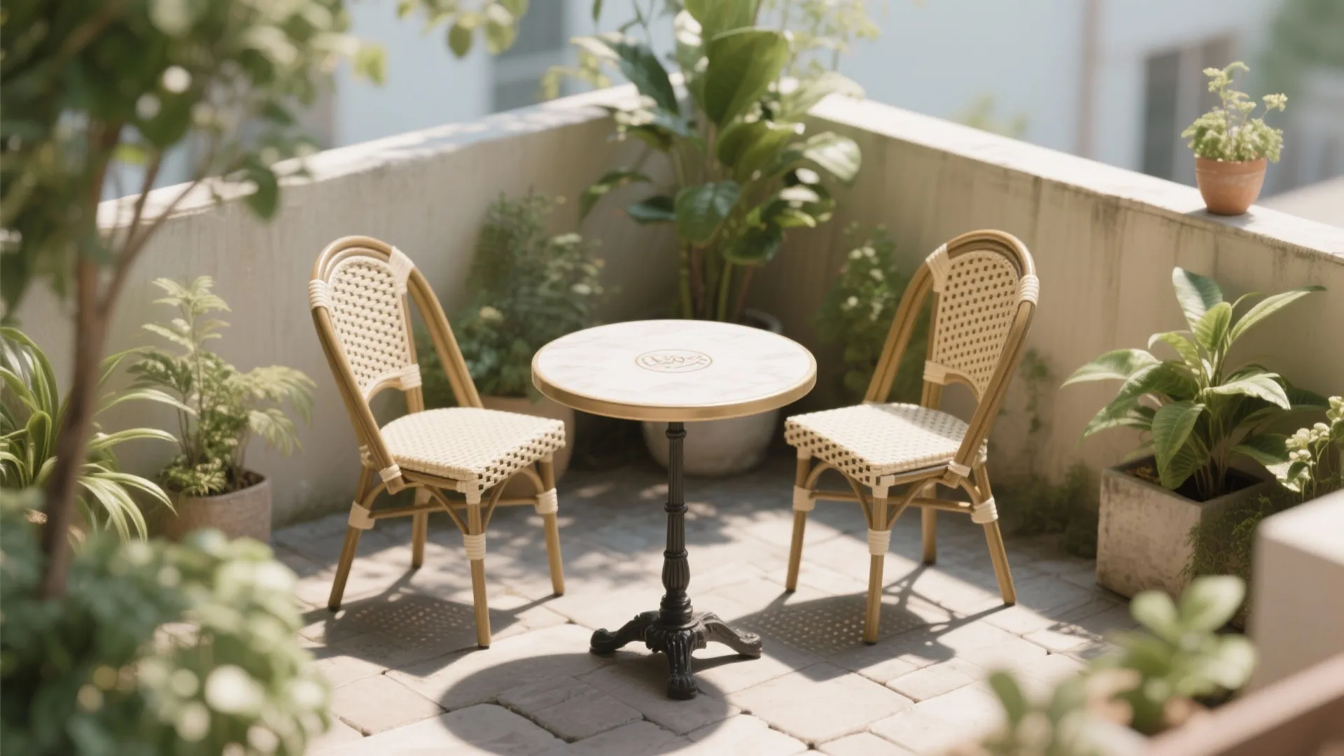 Small round bistro table in outdoor corner with two chairs
