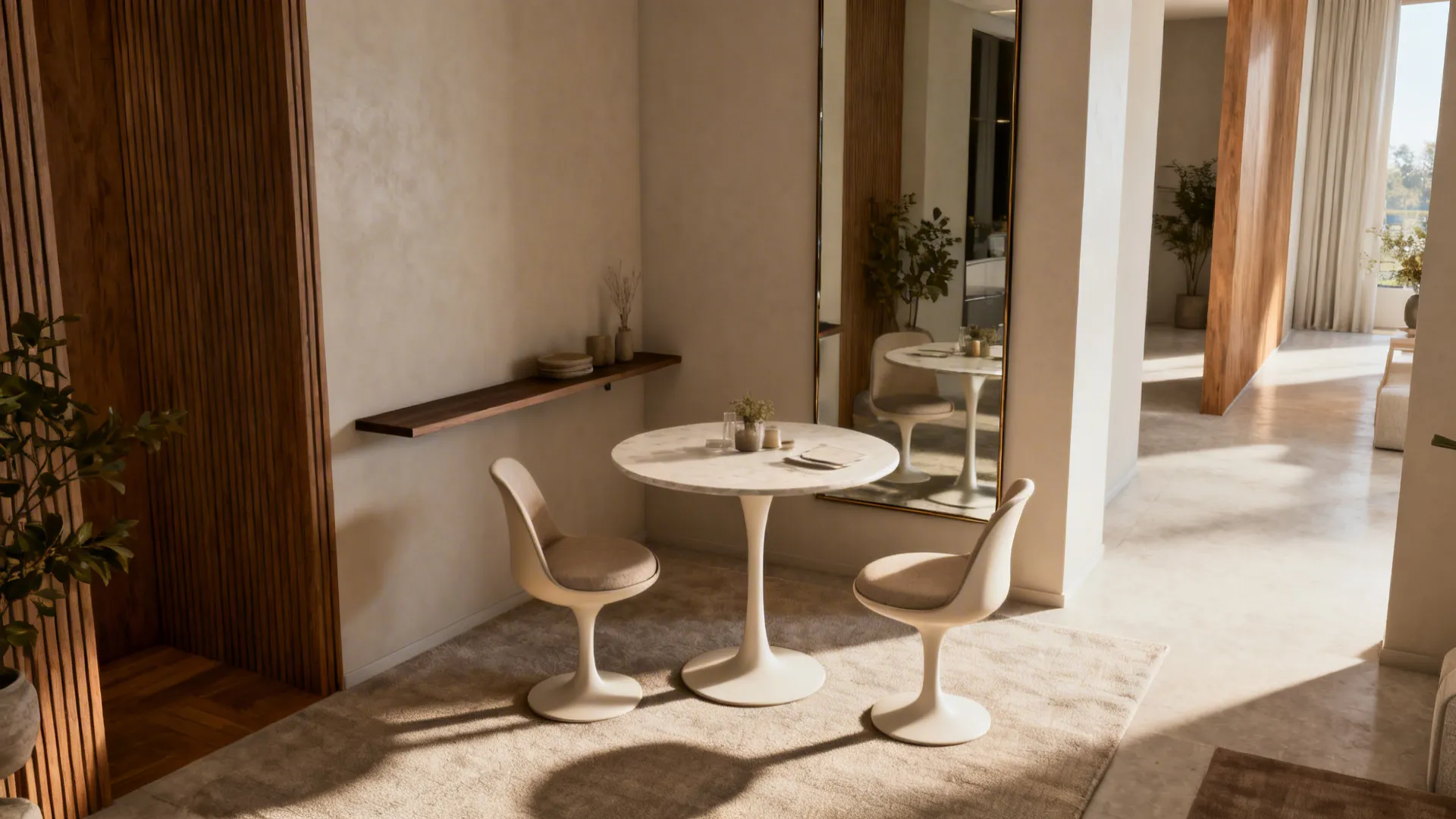 Small dining corner with a 70cm round table, two tulip chairs and a mirrored wall