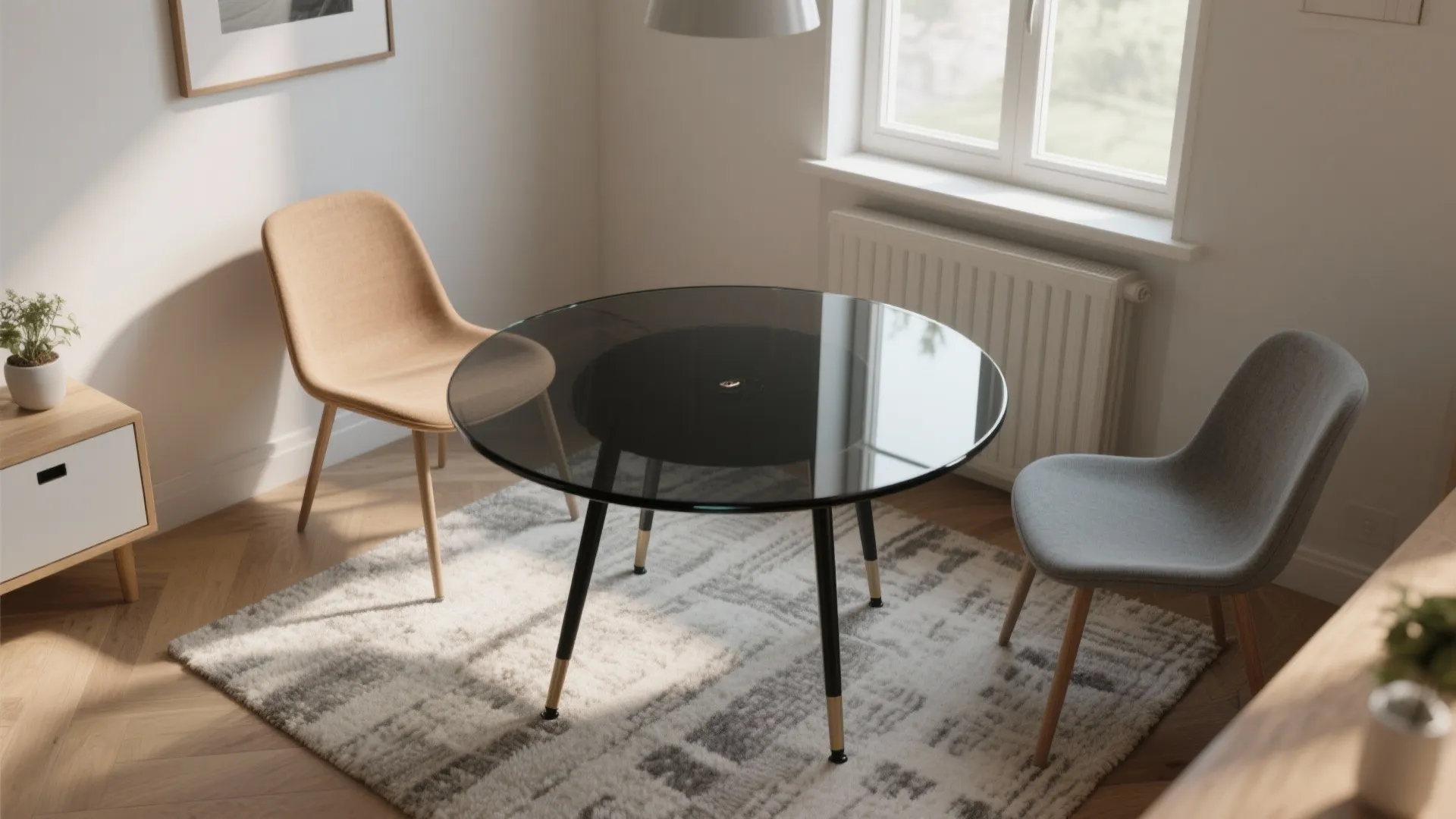 Round black glass dining table with two colorful chairs on a patterned rug near window
