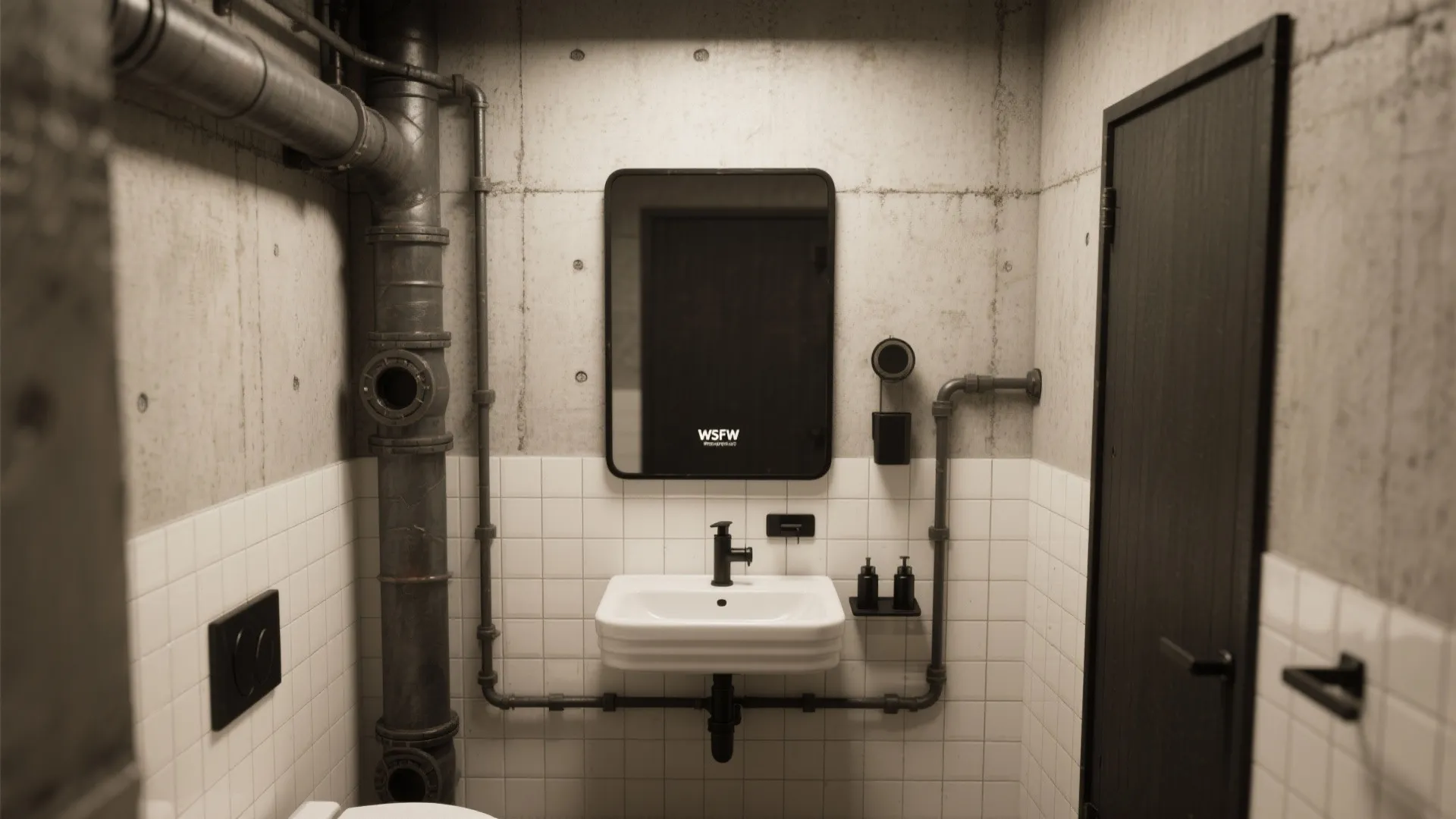 Industrial style bathroom with exposed water pipes a black mirror and white wall tile design