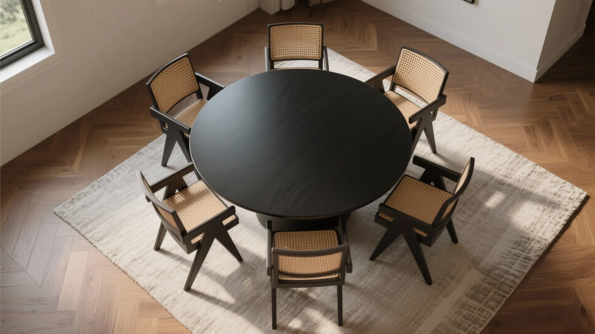 4. Round black table with evenly spaced chairs