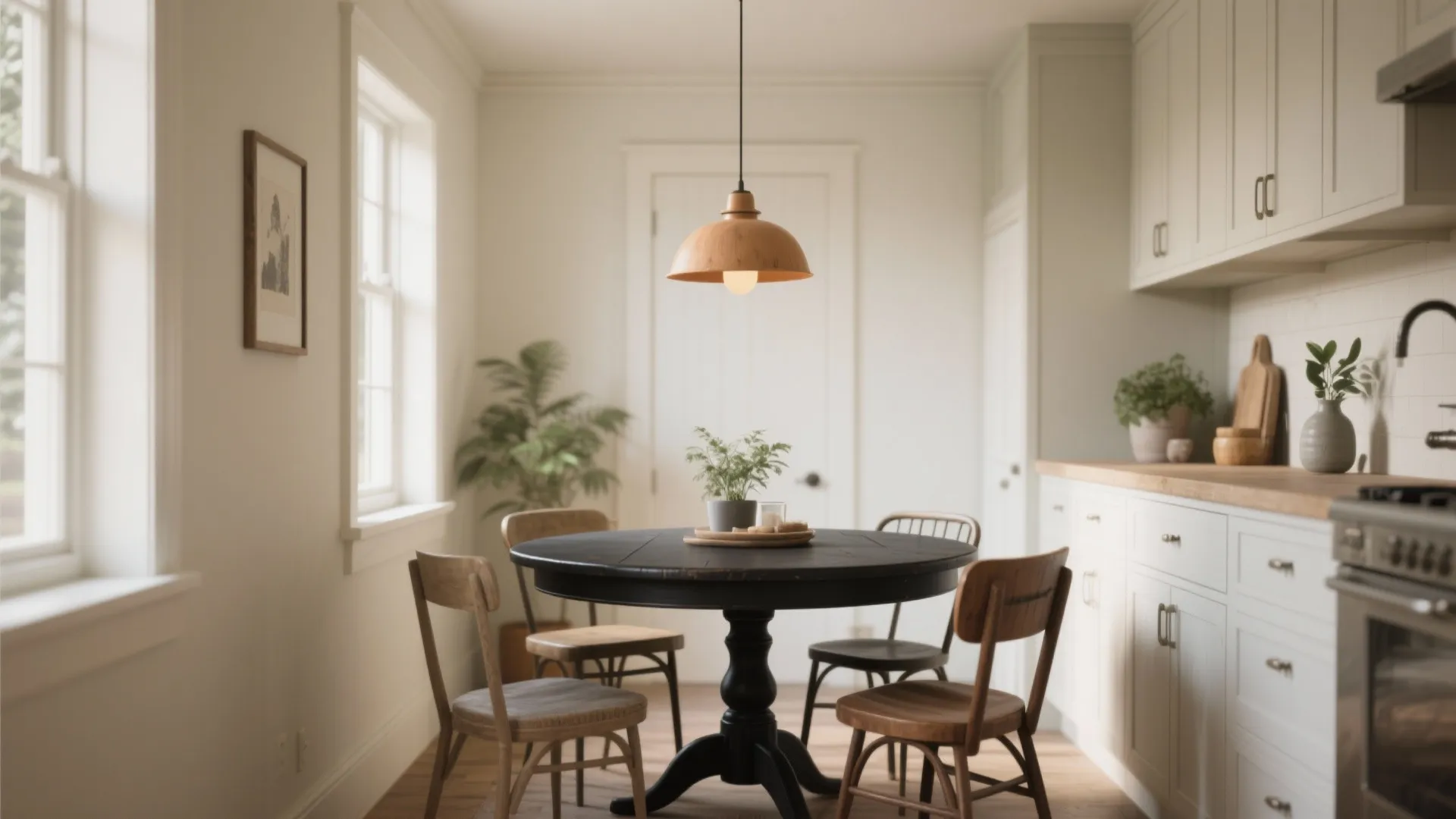 Petite round black farmhouse table improving flow in a narrow galley dining area with mixed seating.