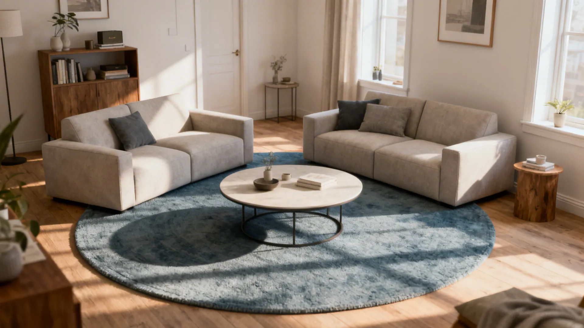 Compact living room with a round blue-grey rug under a round coffee table softening angular furniture.