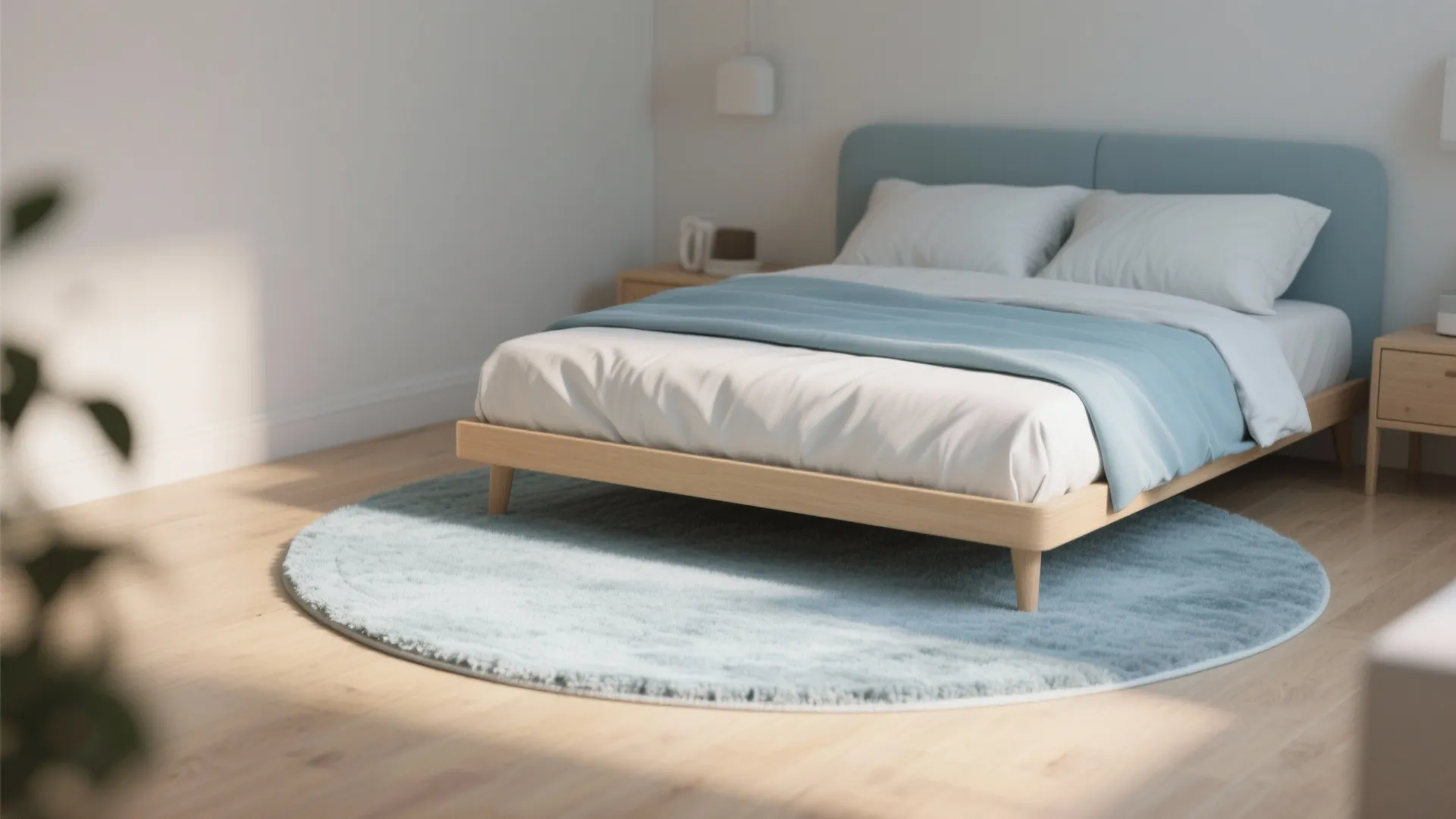 Minimalist bedroom featuring wooden bed with blue headboard and a soft round light blue rug