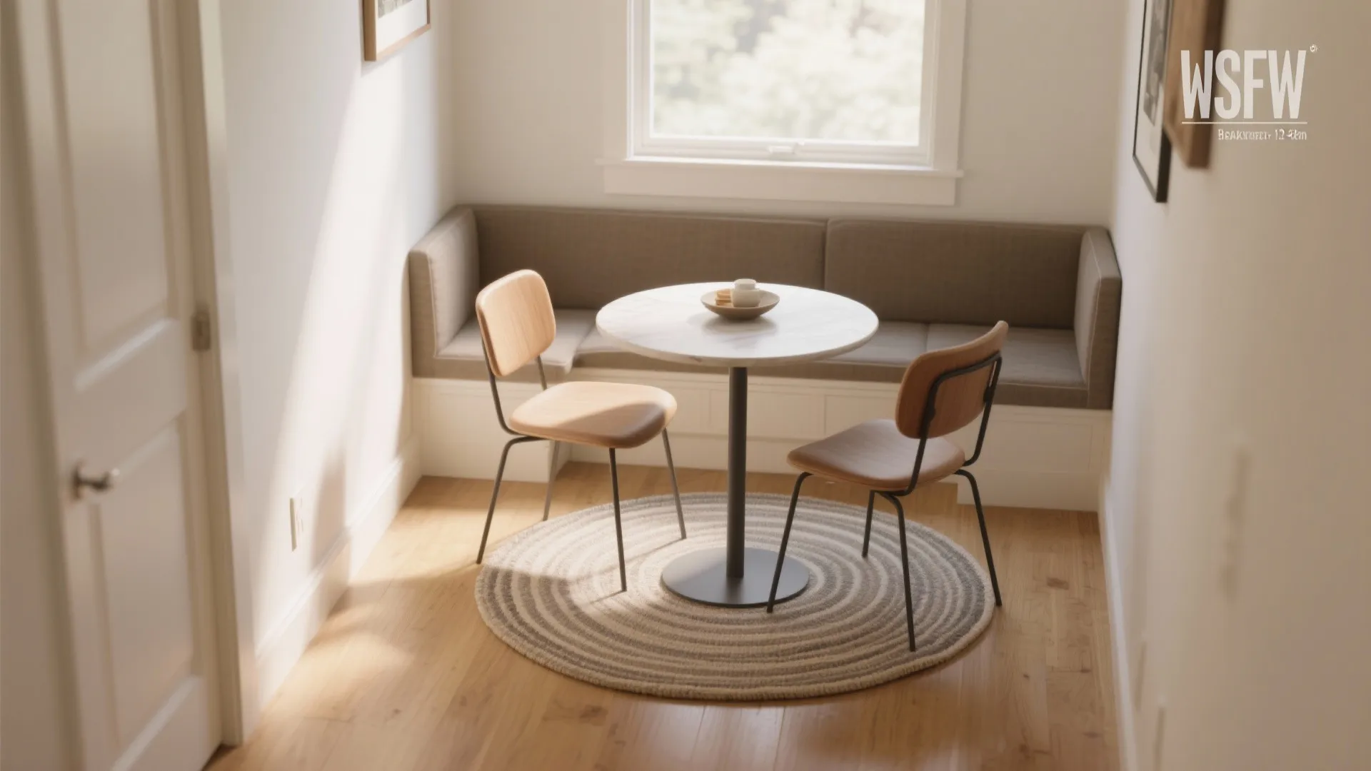 Small dining nook with round table, two chairs, corner bench seat, and round striped rug