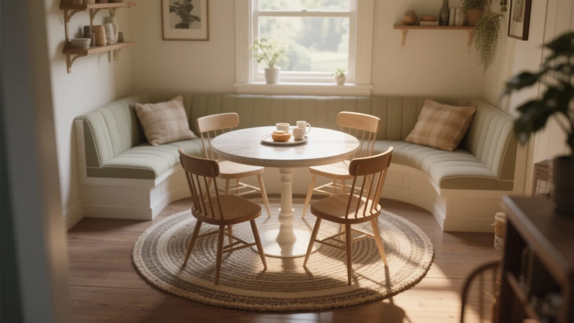 Small round dining table with wooden chairs and a green built-in bench in a bright nook