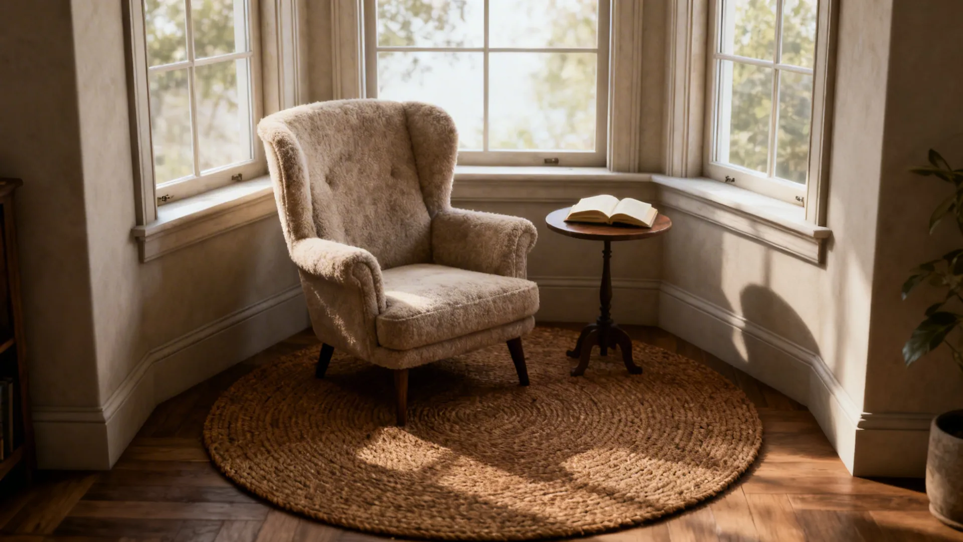 Bay-window reading nook defined by a round brown jute rug and armchair.