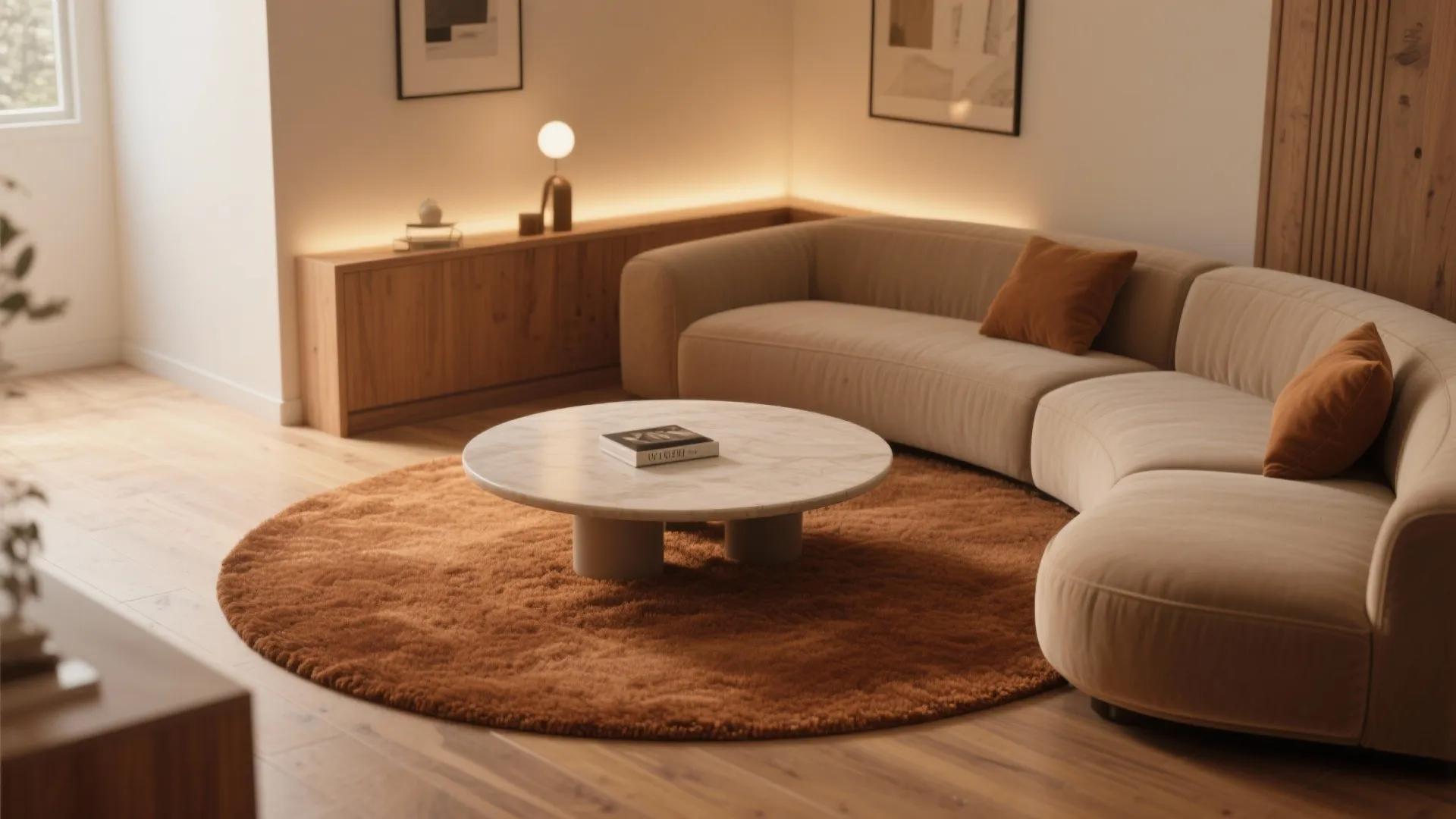 4. Round brown rug to soften sharp corners